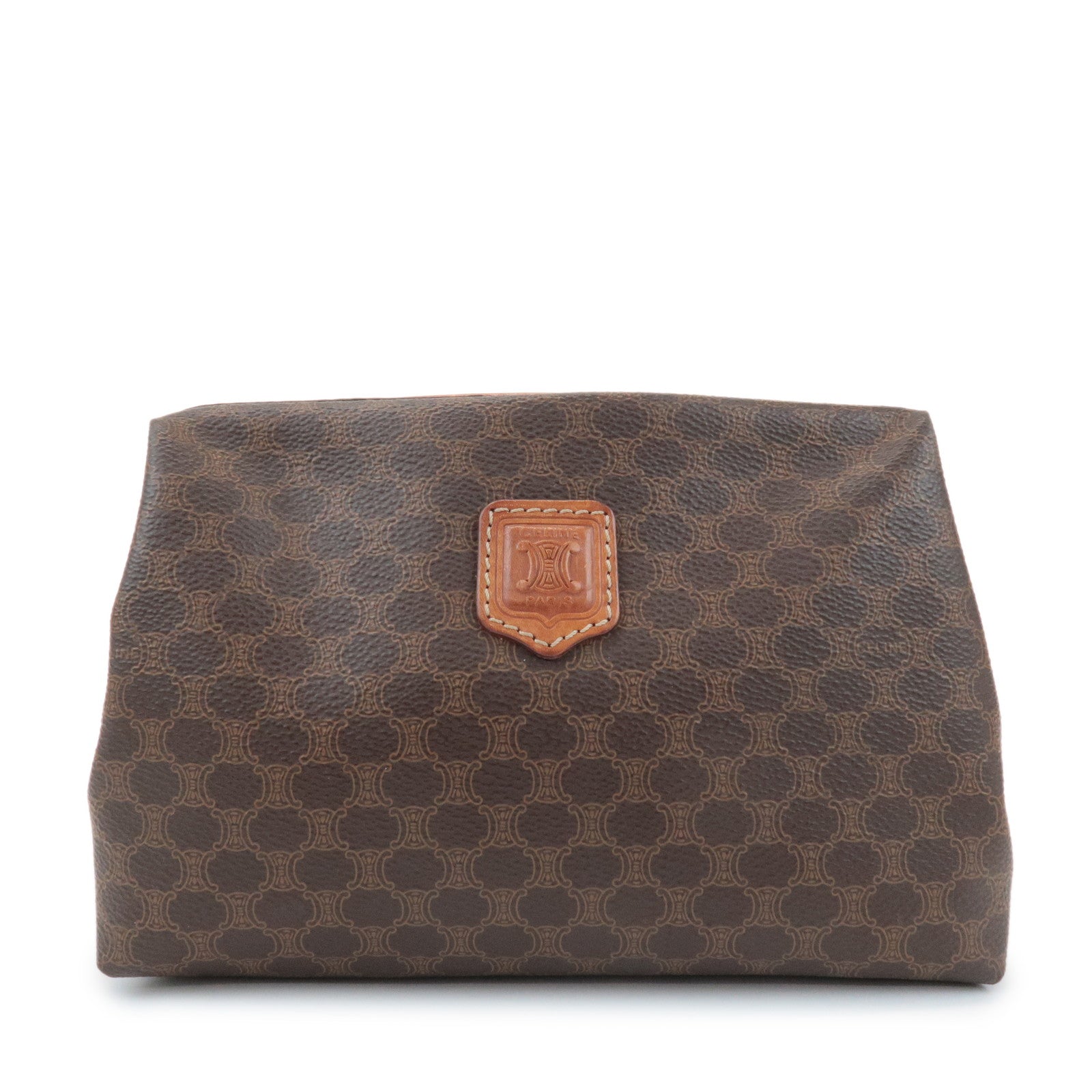 CELINE Macadam PVC Leather Canvas Pouch Brown Gold Hardware