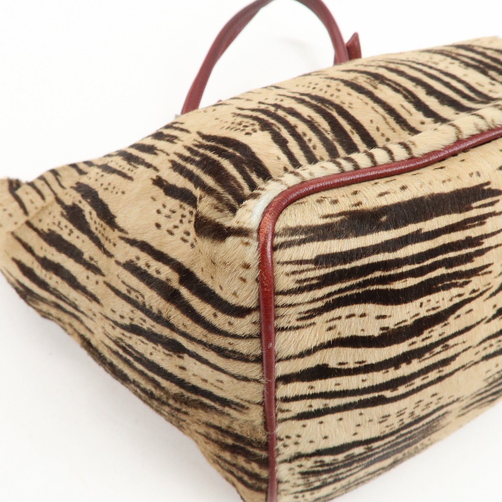 FENDI Calf Hair Leather Tote Bag Hand Bag Beige Red 26634