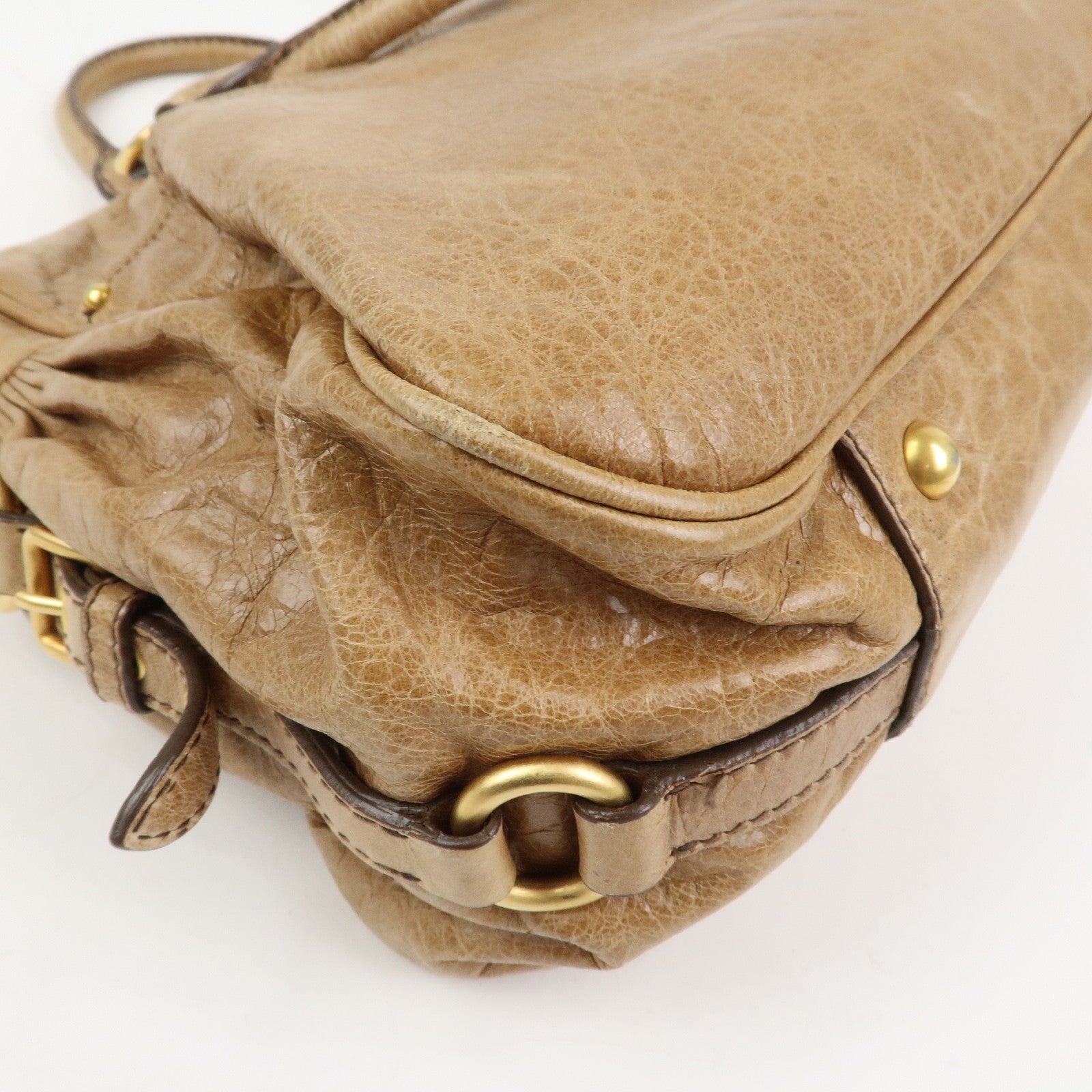 MIU MIU Logo Leather Hand Bag Boston Bag Light Brown