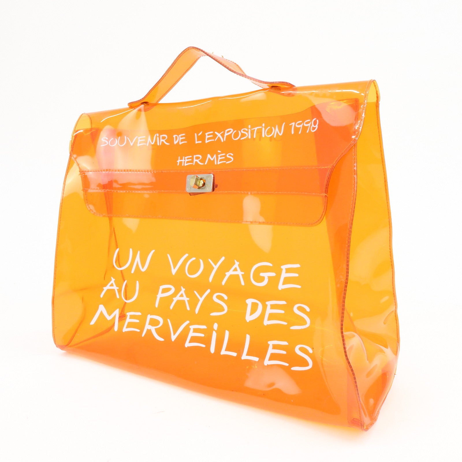 HERMES Kelly Vinyl Hand Bag Clear Orange