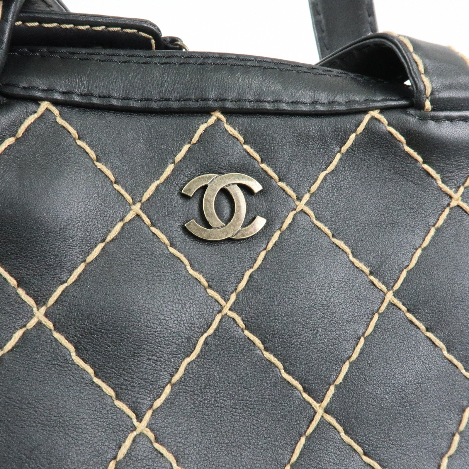 CHANEL Wild Stitch COCO Mark Leather Hand Bag Tote Bag Black A14693