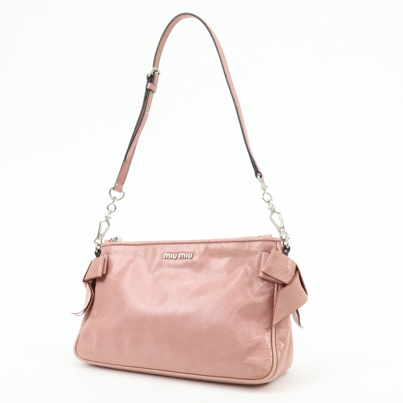 MIU MIU Side Ribbon Leather Shoulder Bag Hand Bag Pink RR1892