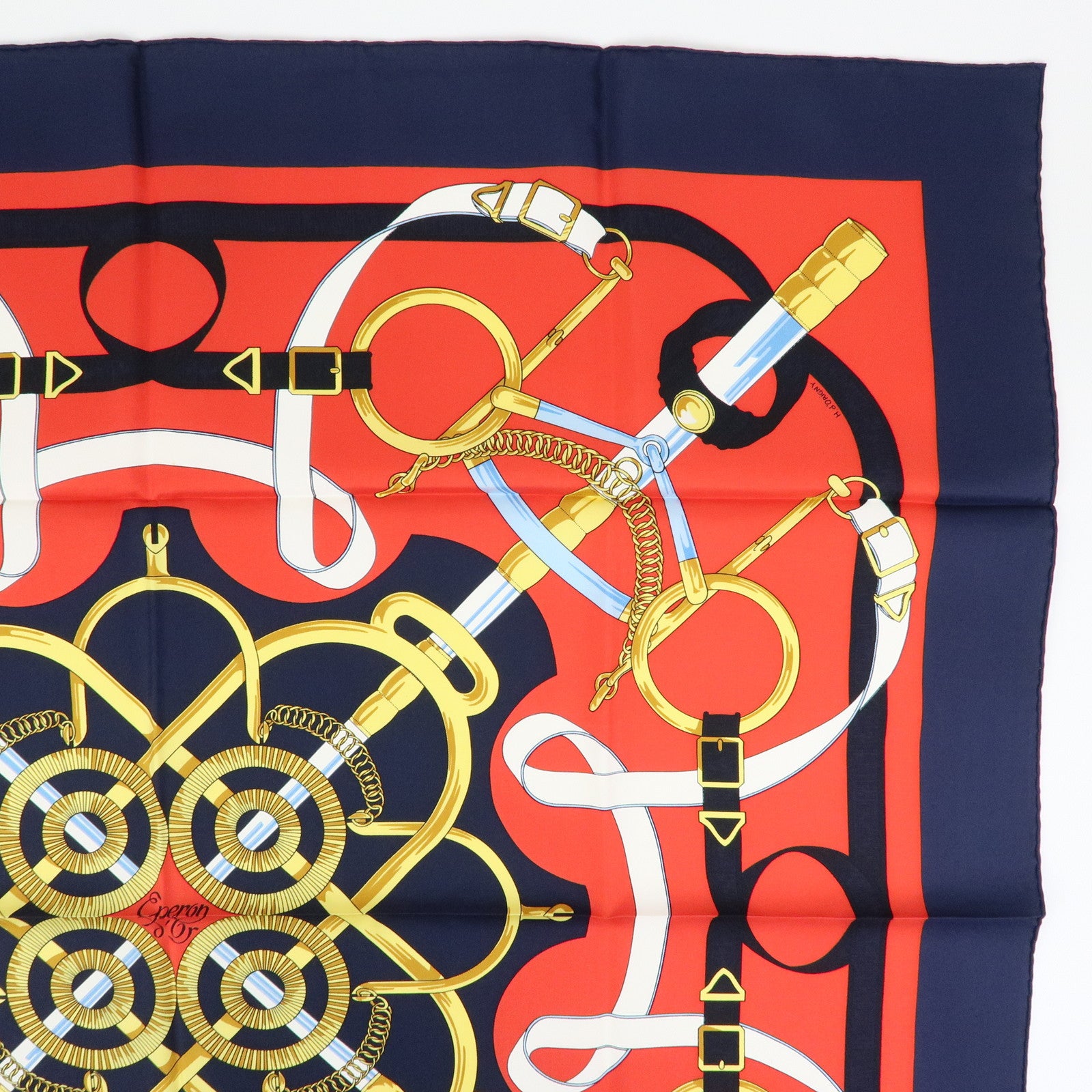 HERMES Carre 90 Silk 100% Scarf Eperon d'or Navy Red Gold