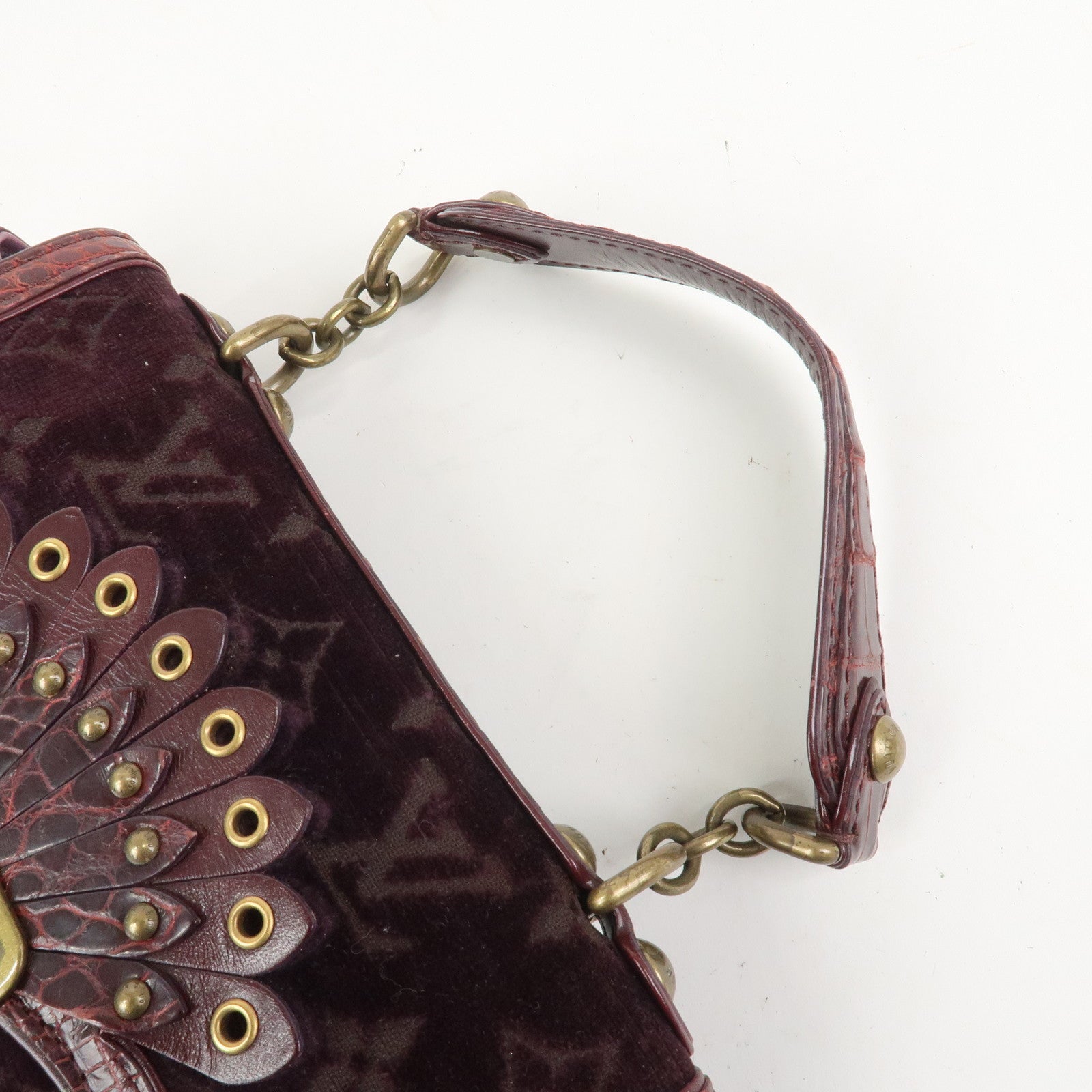 Louis Vuitton Monogram Vleur Velvet Leather Hand Bag Burgundy