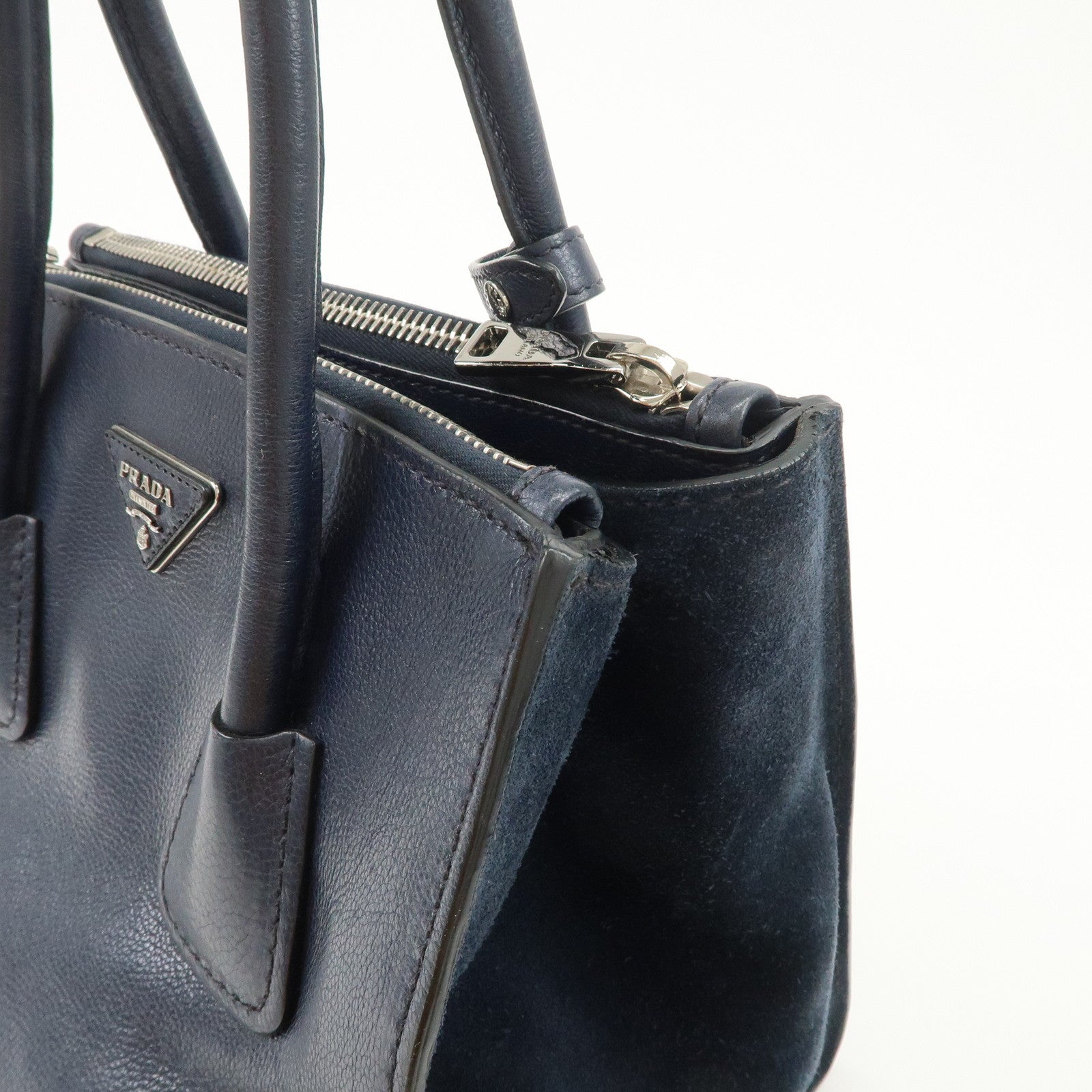 PRADA Triangle Logo Leather 2Way Bag Tote Bag Hand Bag Navy B2625M