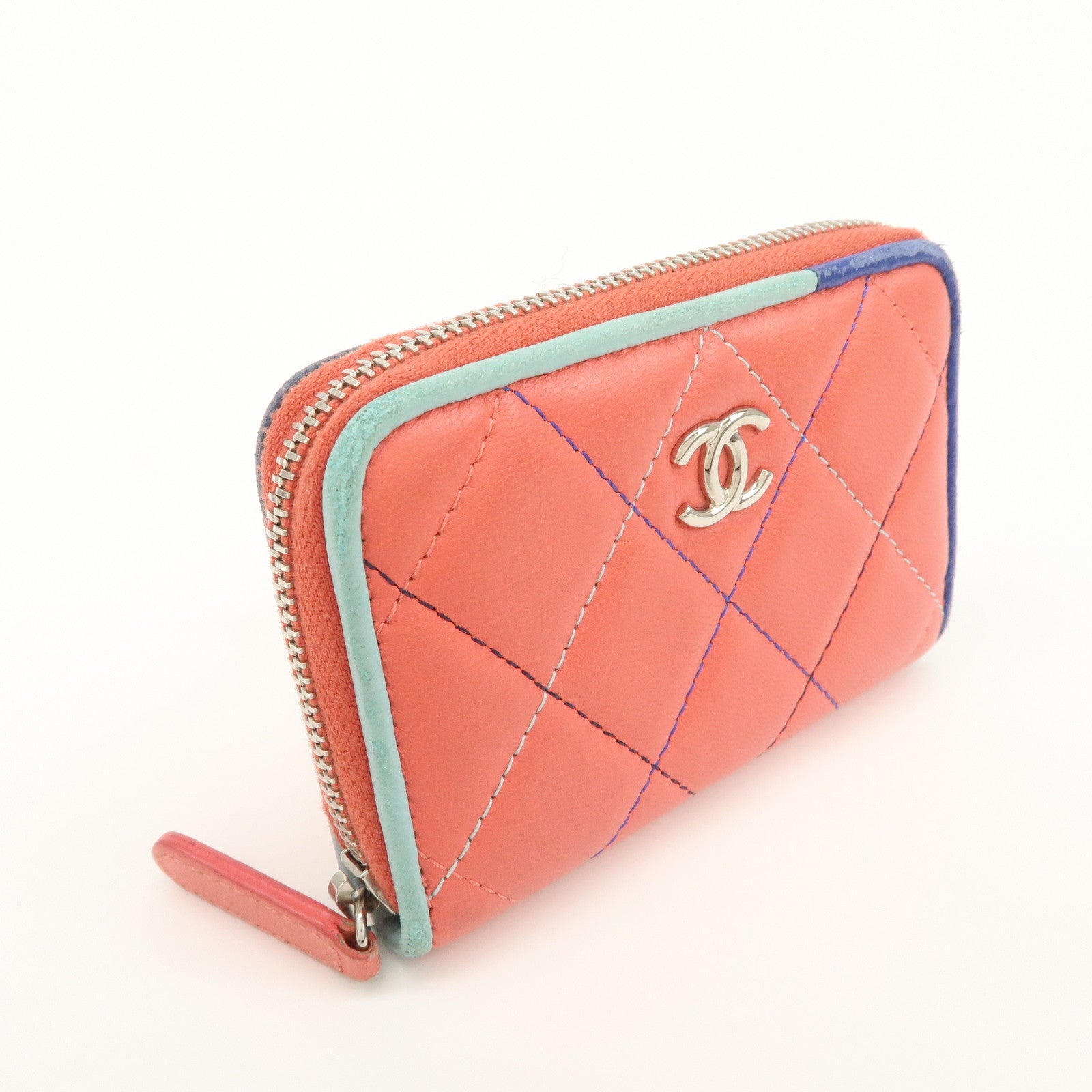 CHANEL Matelasse Lamb Skin Coin Case Coin Purse Pink Blue