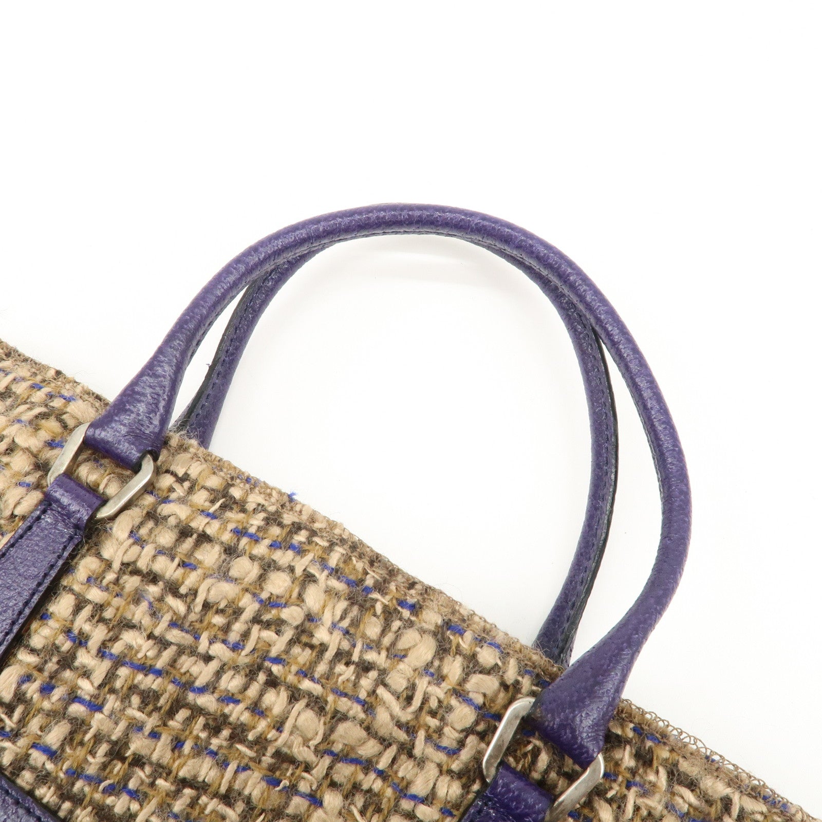 PRADA Triangle Logo Tweed Leather Tote Bag Purple Beige B11261 Used