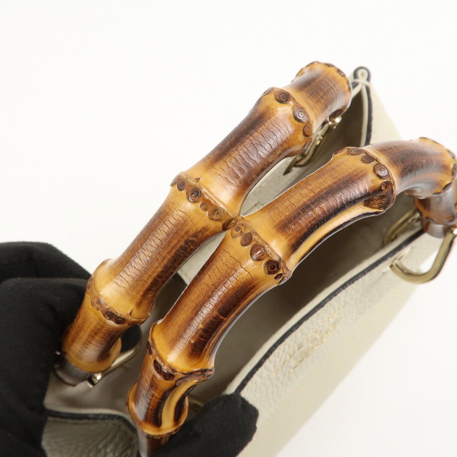 GUCCI Bamboo Leather Mini Shopper 2Way Bag Hand Bag Ivory 368823