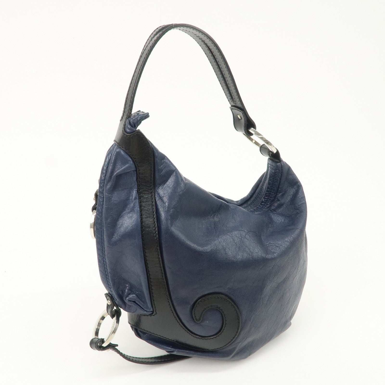 FENDI Leather Shoulder Bag Navy Black Silver HDW 8BR293 Used