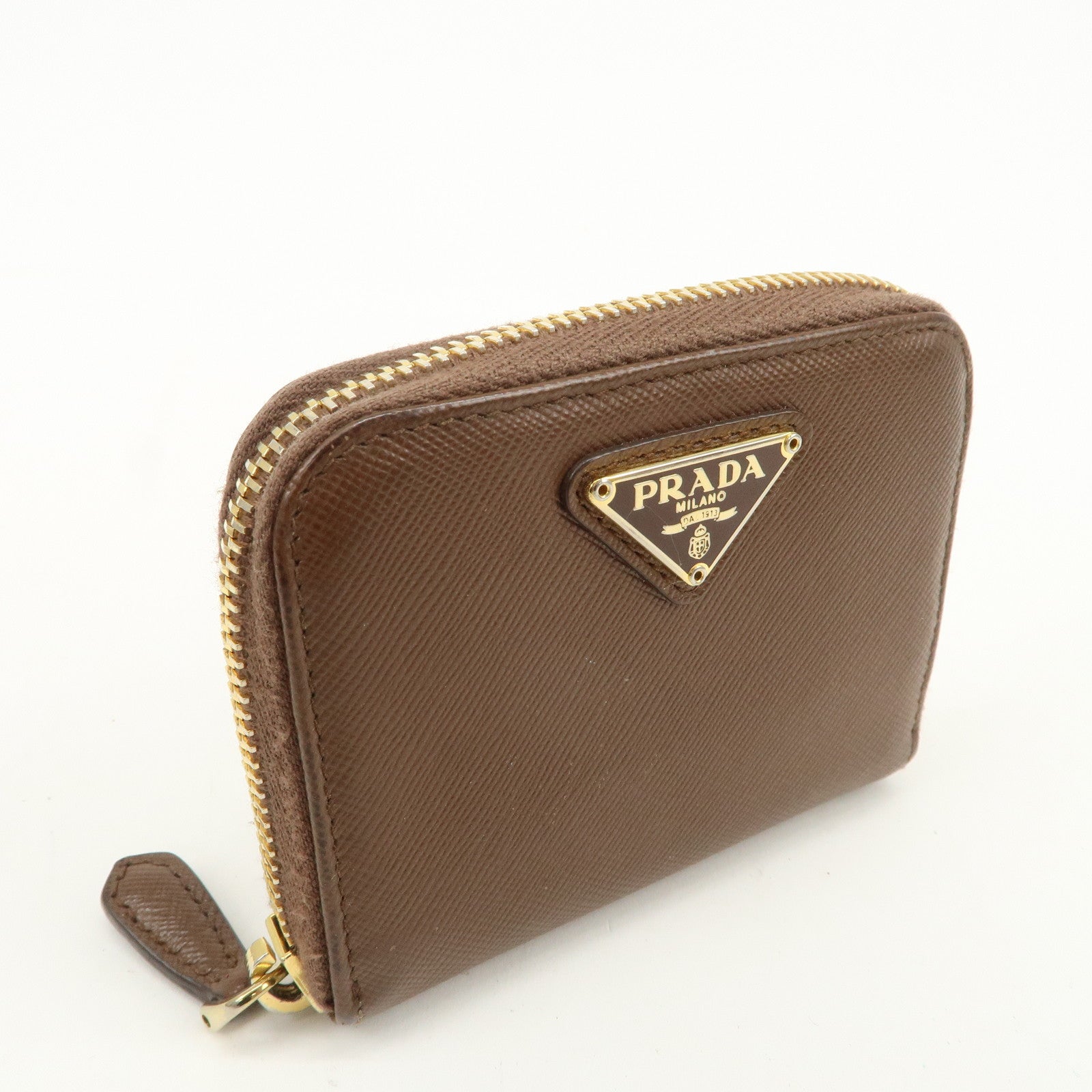 PRADA Triangle Logo Saffiano Leather Coin Case Coin Purse Brown