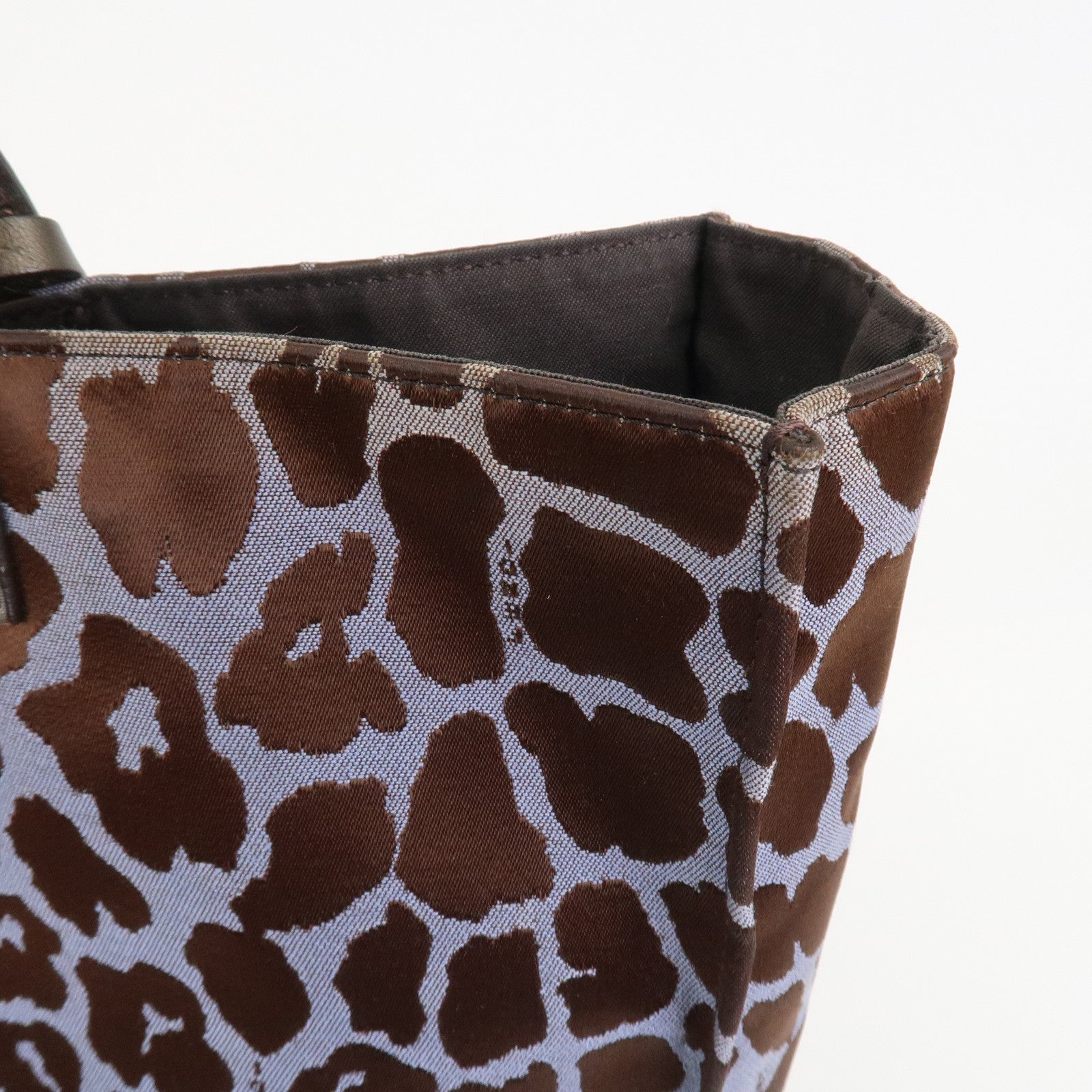 FENDI Leopard Canvas Satin Leather Tote Bag Hand Bag Blue 8BH173