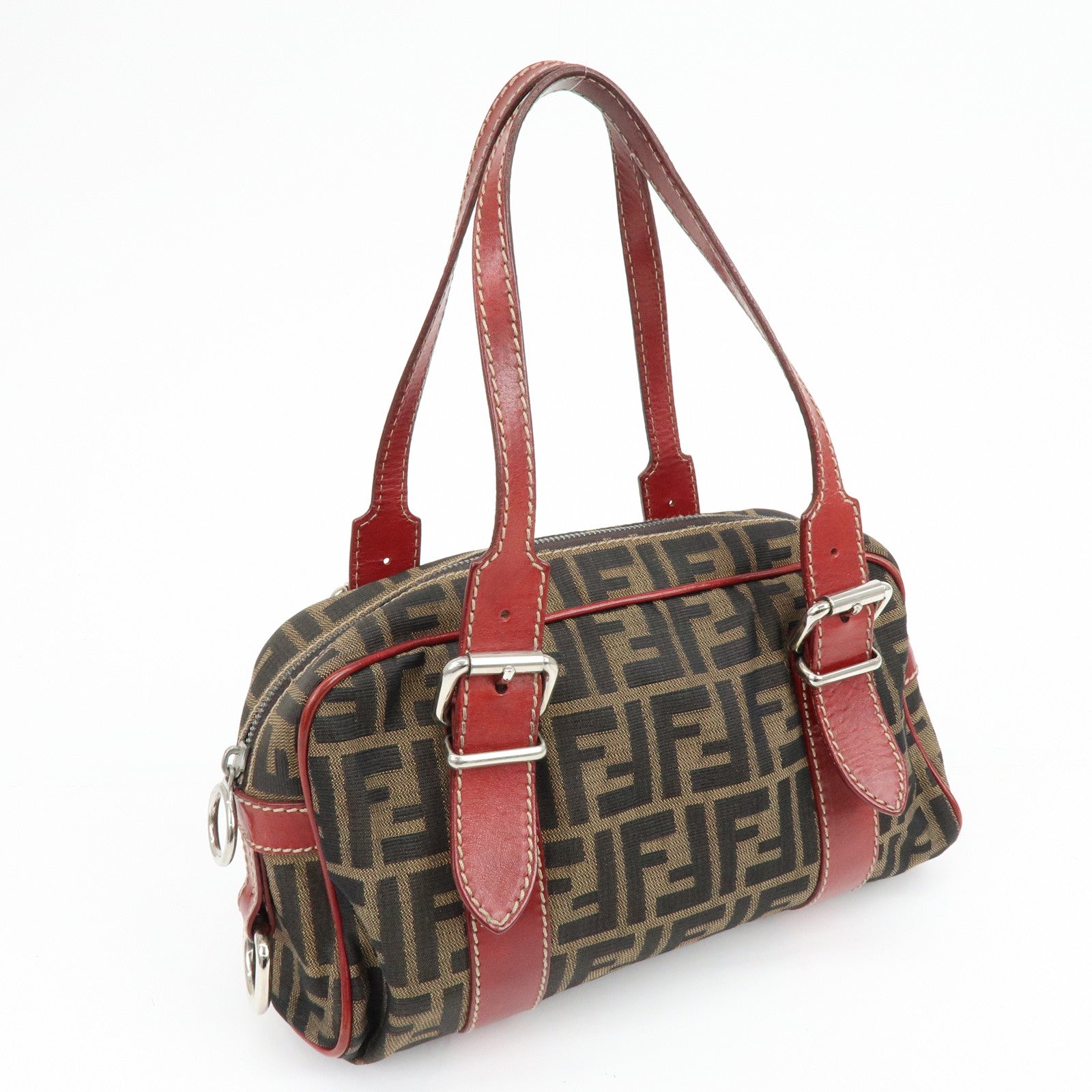 FENDI Zucca Canvas Leather Mini Boston Hand Bag Brown Red 8BR119