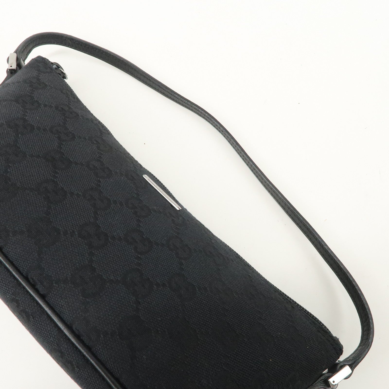 GUCCI Boat Bag GG Canvas Leather Hand Bag Black 07198 Used