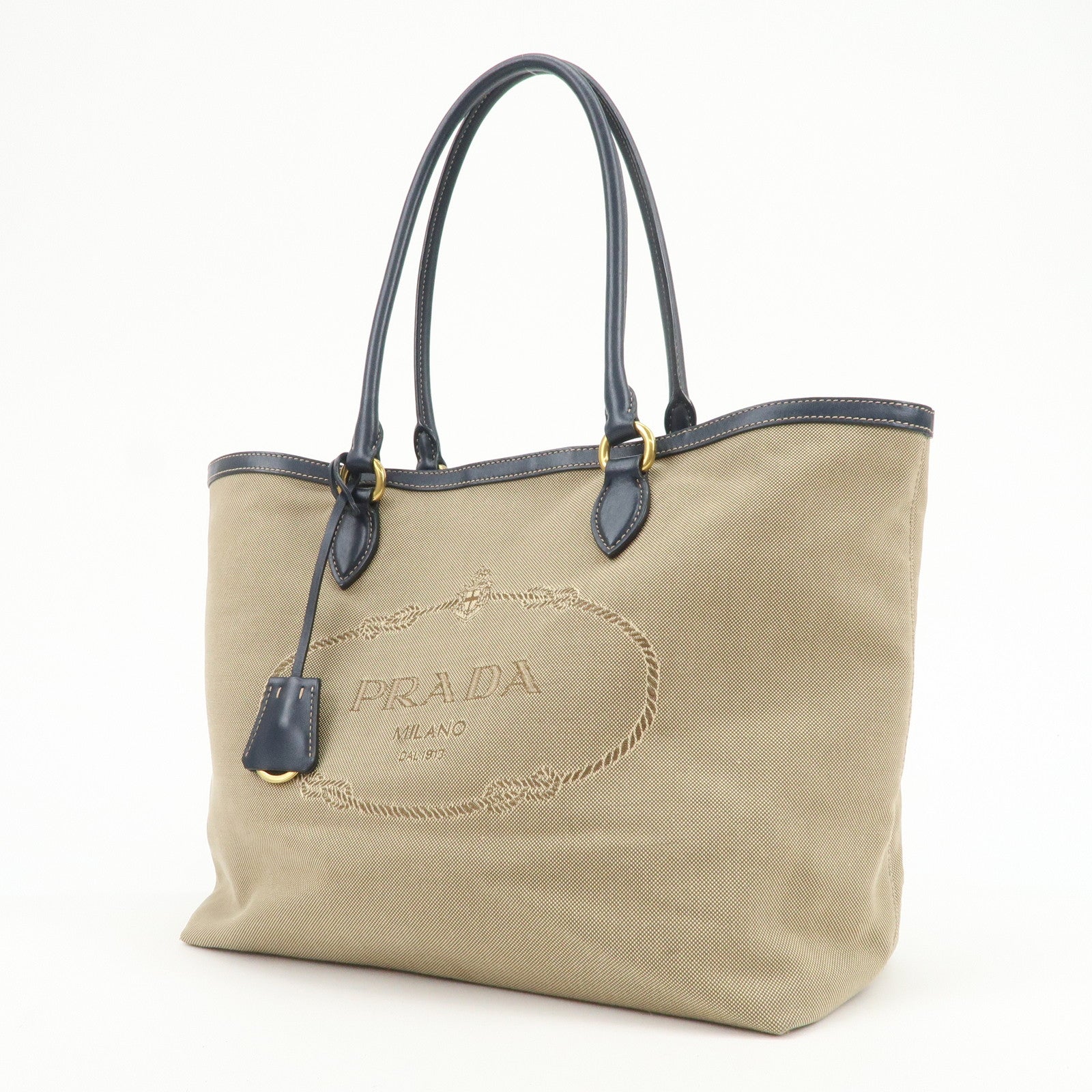 PRADA Logo Jacquard Leather Tote Bag Shoulder Bag Beige 1BG158