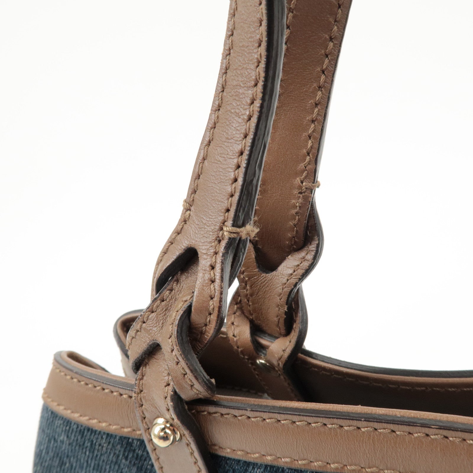 GUCCI Craft Denim Leather Tote Bag Hand Bag Navy Brown 348715 Used