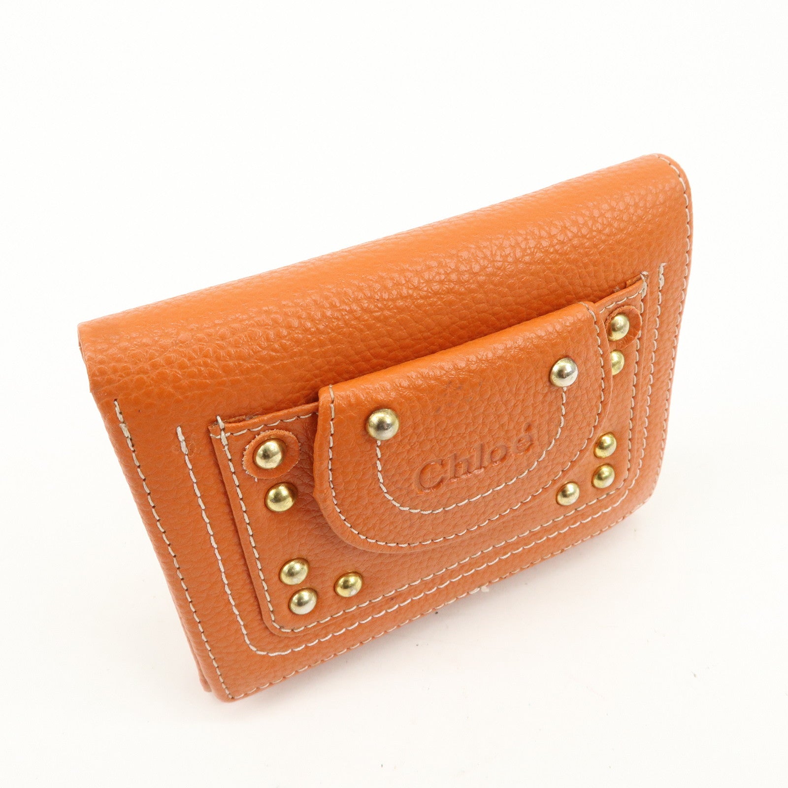 Chloe Leather Tri-fold Compact Wallet Studs Orange