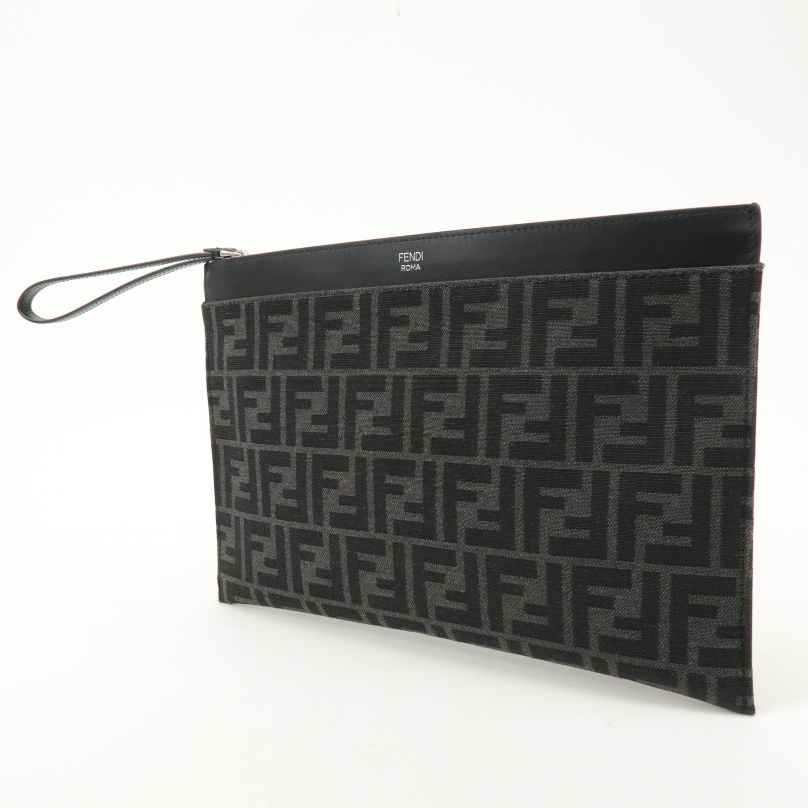 FENDI Zucca Leather Canvas Slim Clutch Medium Black Gray 7N0134 Used