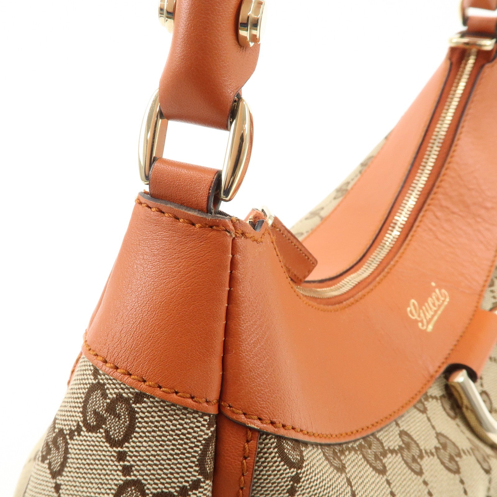 GUCCI Abbey Leather GG Canvas Shoulder Hand Bag Beige Orange 139260 Used