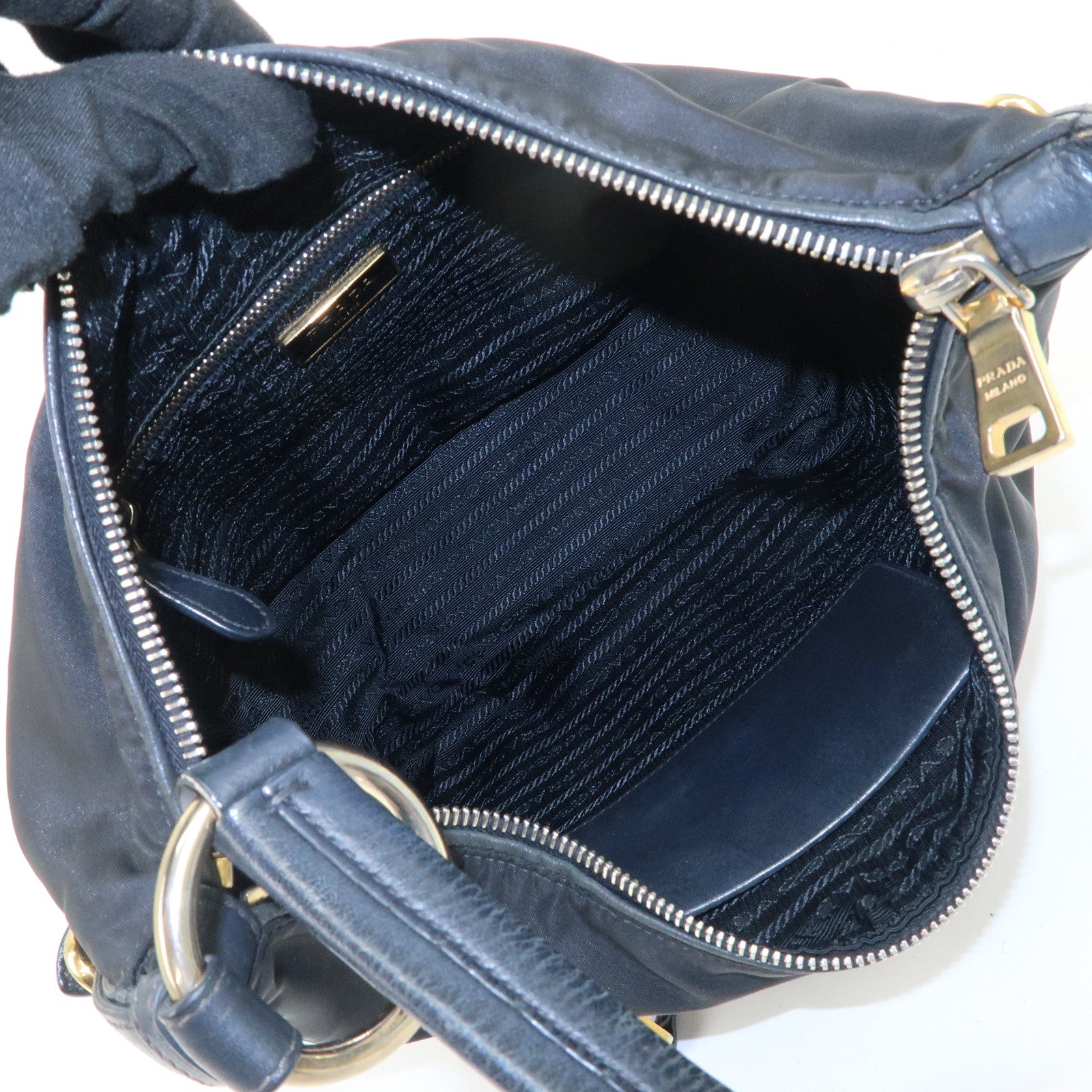 PRADA Triangle Logo Leather Nylon Shoulder Bag Black