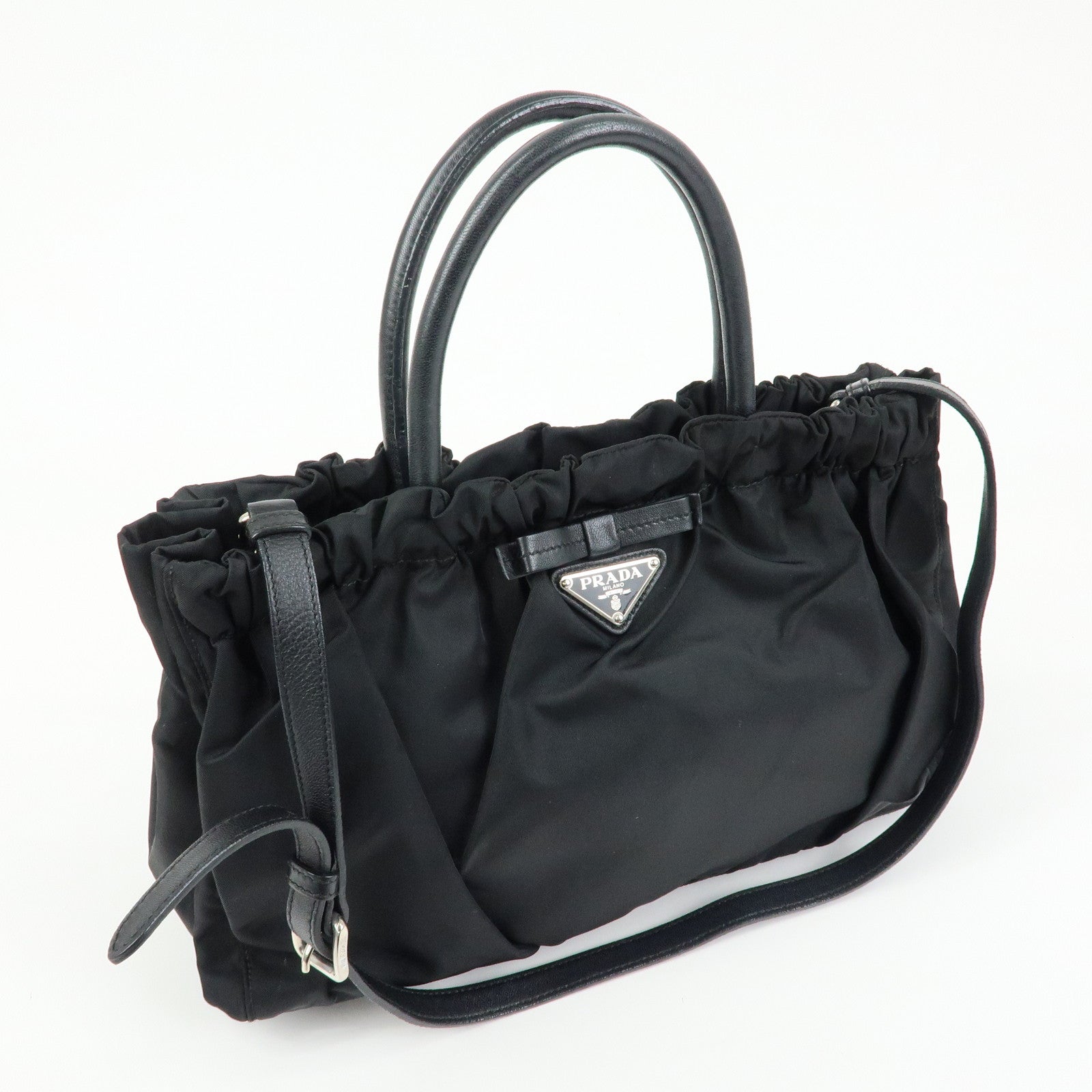 PRADA Triangle Logo Ribbon Nylon Leather 2Way Hand Bag Black BN1631