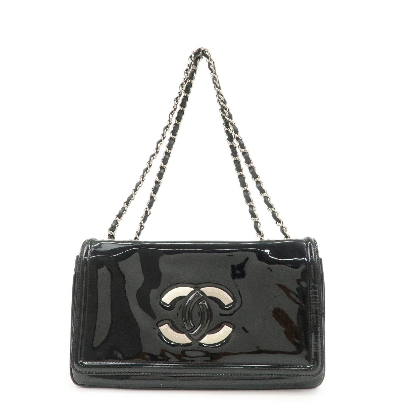 CHANEL Patent Leather Chain Shoulder Bag Hand Bag Black