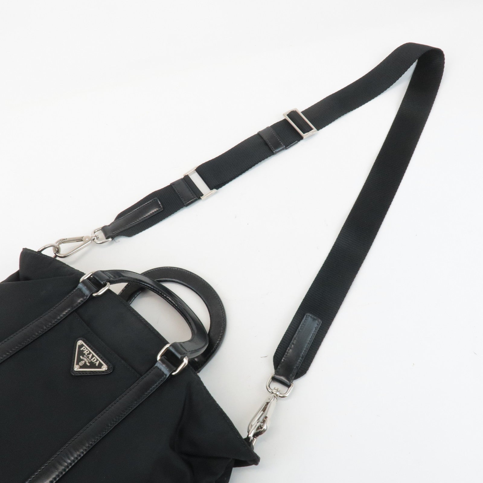 PRADA Triangel Logo Leather Nylon 2Way Bag Tote Bag Black BN1066