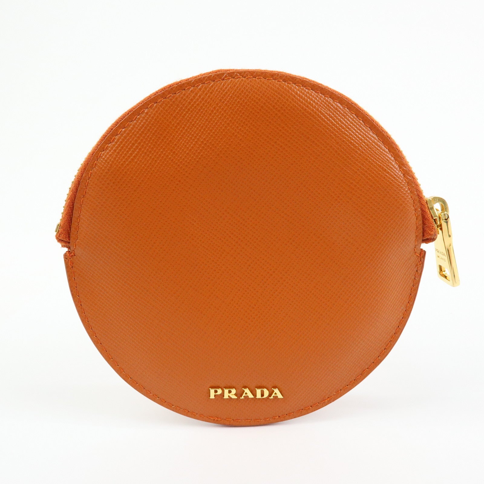 PRADA Saffiano Leather Flower Motif Round Coin Case Orange 1M1400