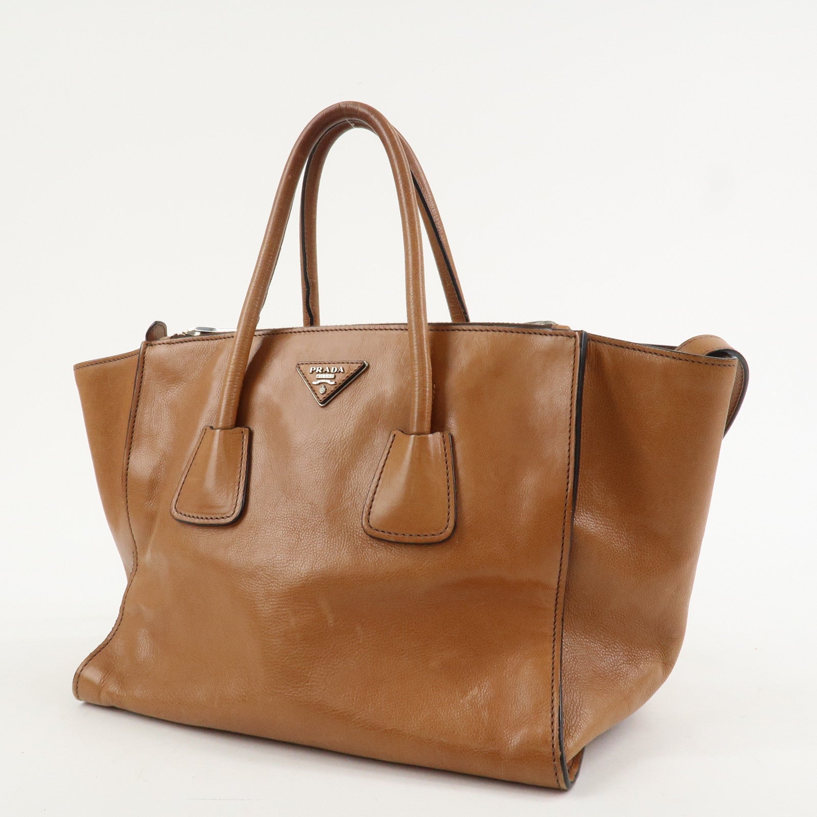 PRADA Triangle Logo Leather 2Way Hand Bag Shoulder Bag Brown BN2619