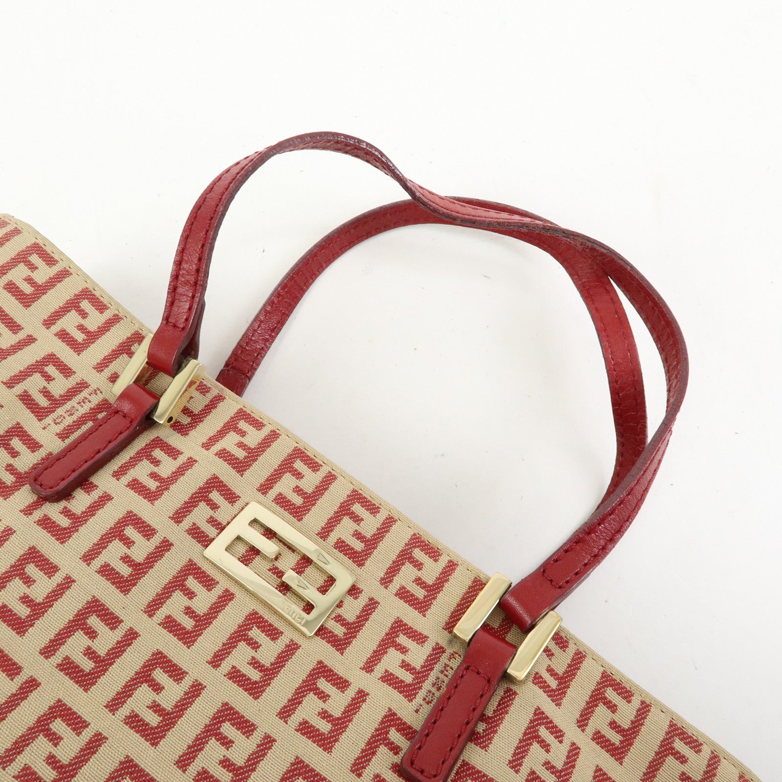 FENDI Zucchino Canvas Leather Hand Bag Tote Bag Beige Red 8BH132