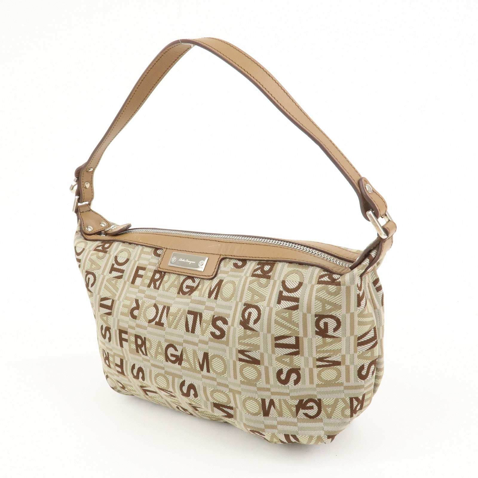 Ferragamo Logo Canvas Leather Hand Bag Shoulder Bag Beige Brown