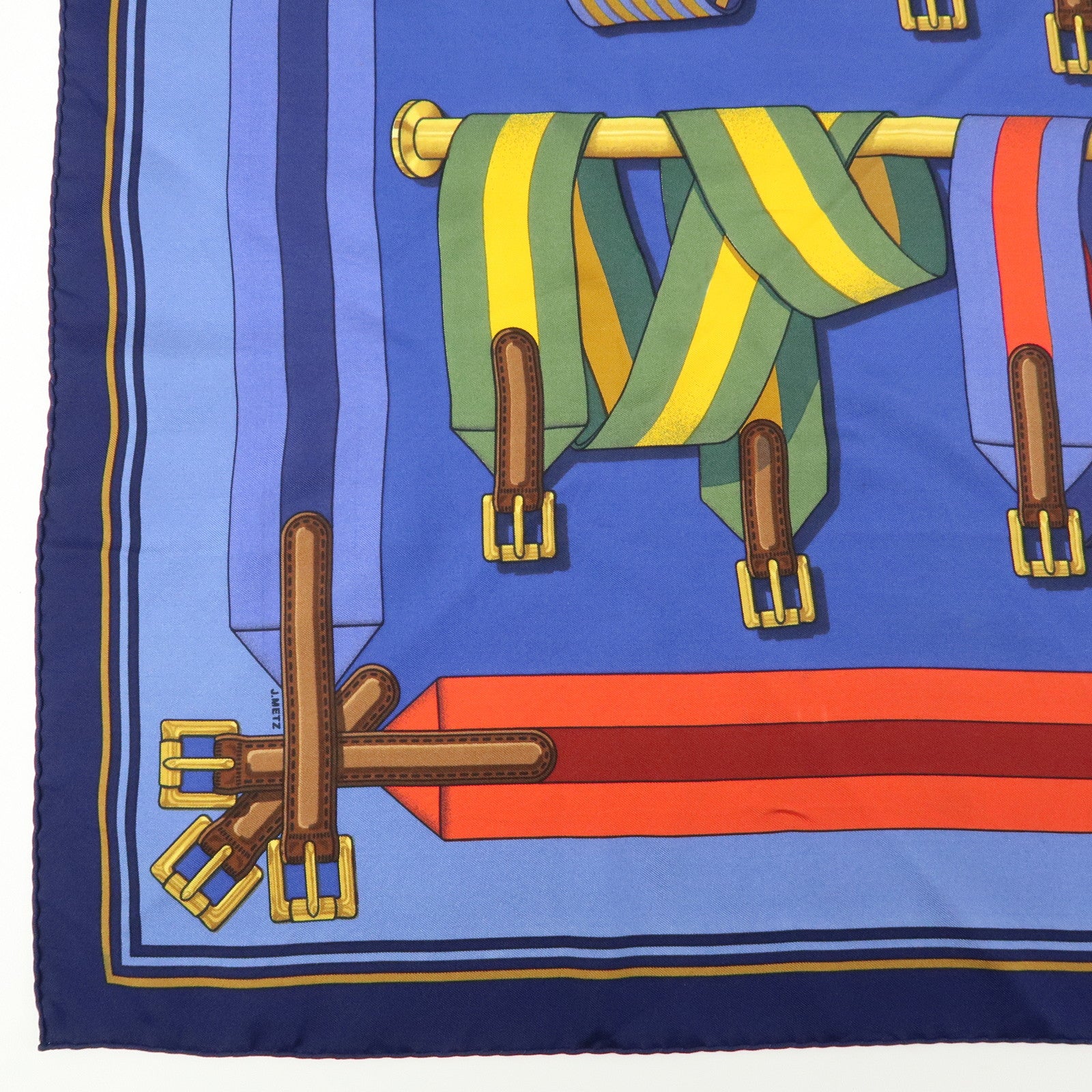 HERMES Carre 90 Silk 100% J.METZ Les Sangles Scarf Blue Green Red