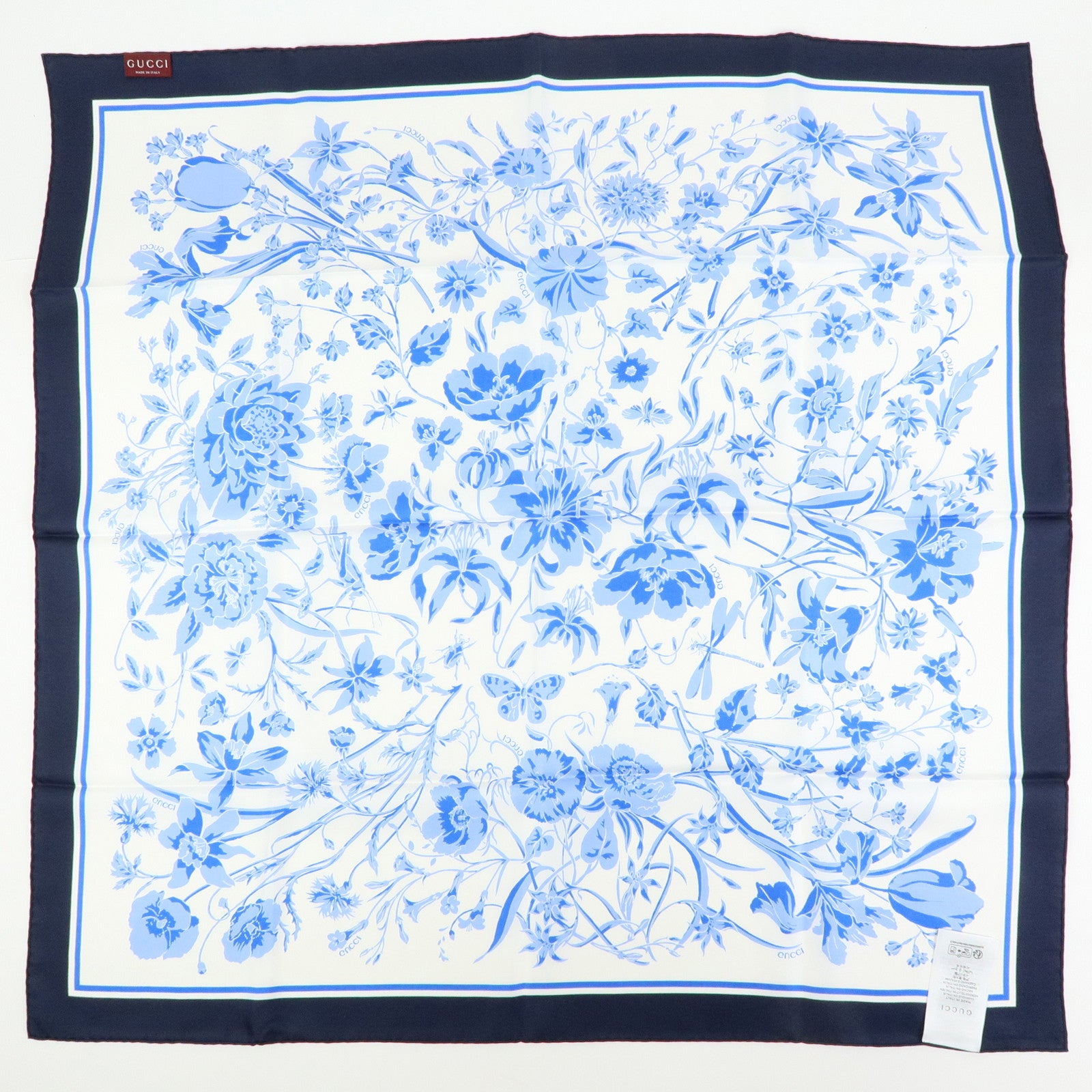 GUCCI Flora Silk 100% Scarf Flower Print Blue Navy White 786252