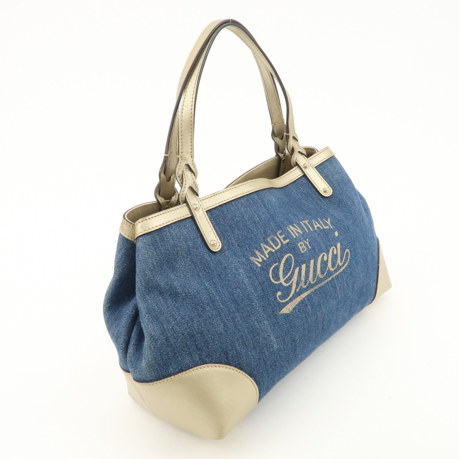 GUCCI Craft Denim Leather Tote Bag Shoulder Bag Blue Gold 348715 Used