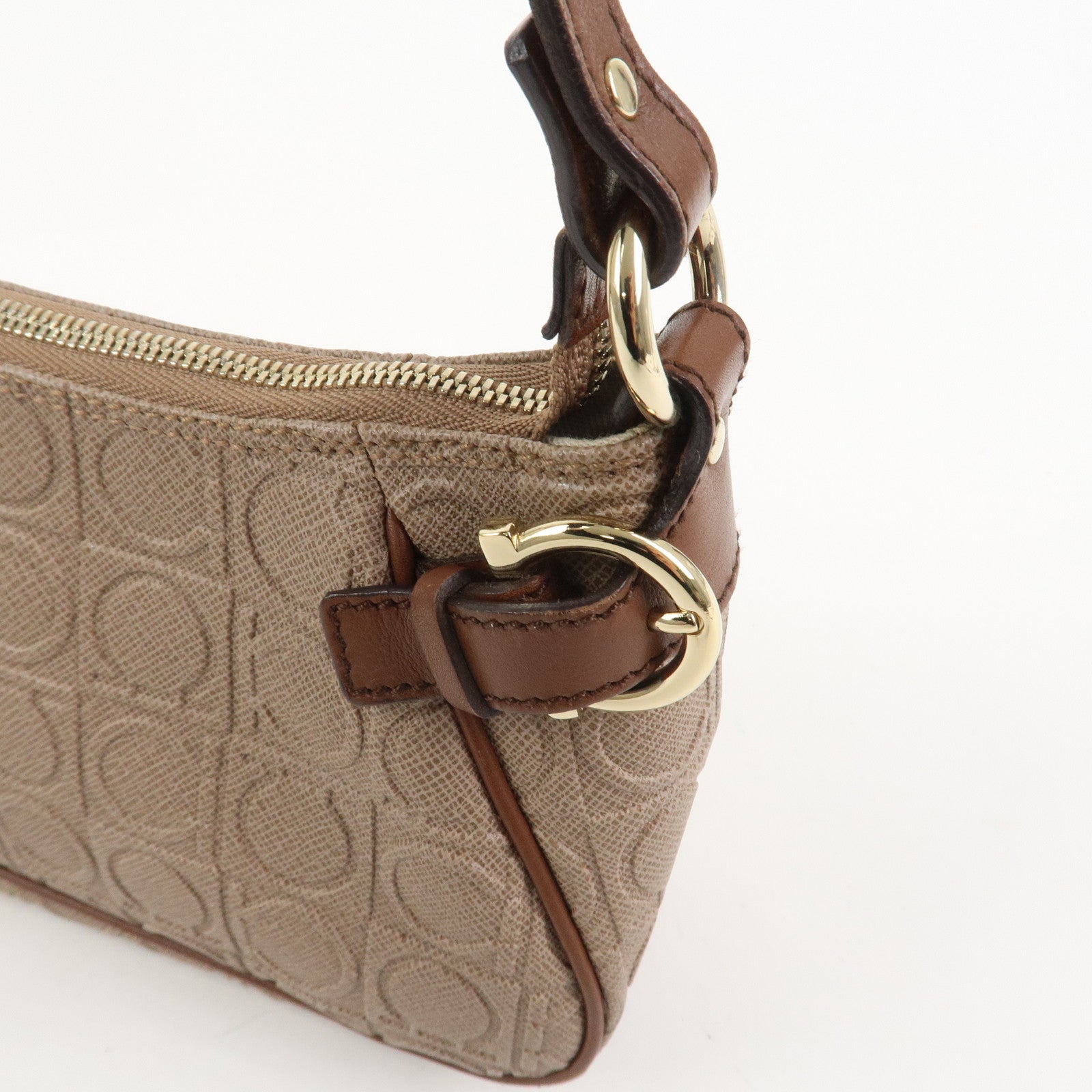 Ferragamo Gancini PVC Canvas Leather Shoulder Bag Hand Bag Brown