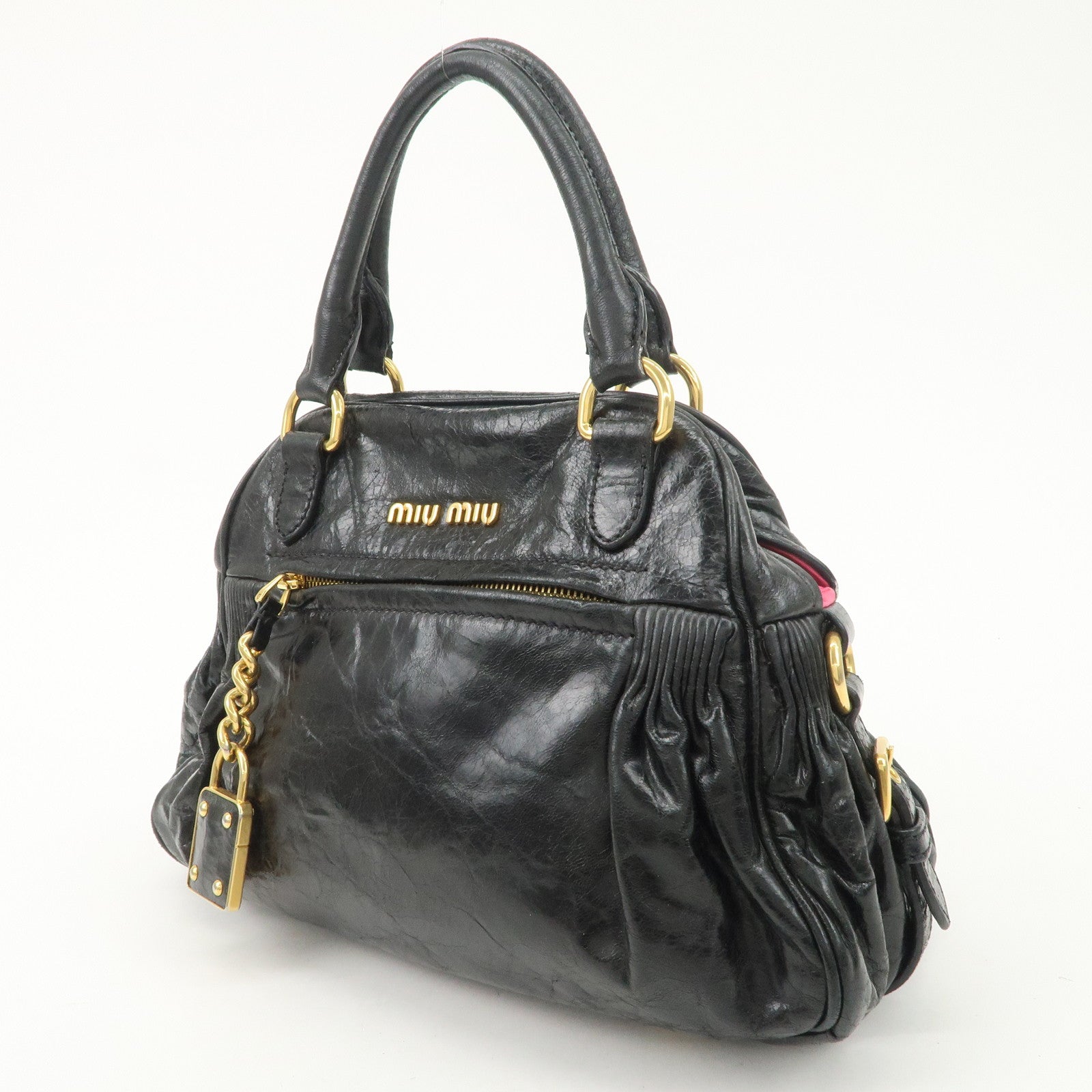 MIU MIU Leather 2Way Bag Hand Bag Shoulder Bag Black RR1424 Used