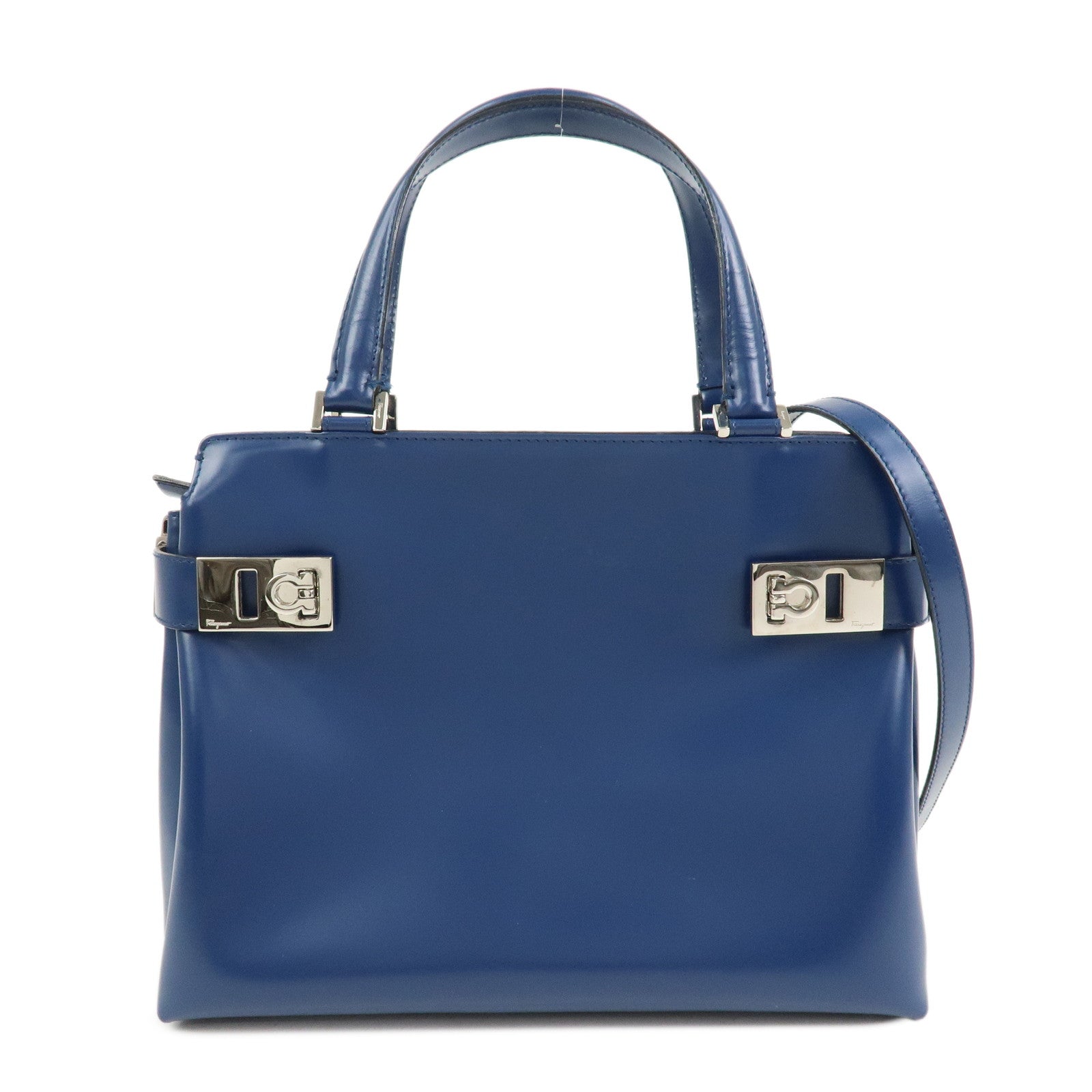 Ferragamo Gancini Logo Leather 2Way Bag Hand Bag Shoulder Bag Blue