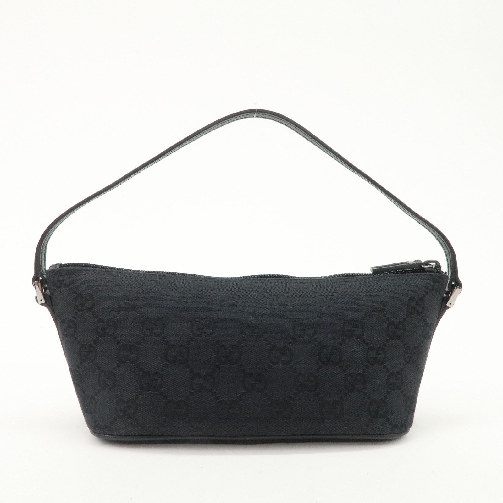 GUCCI Boat Bag GG Canvas Leather Hand Bag Black 07198 Used