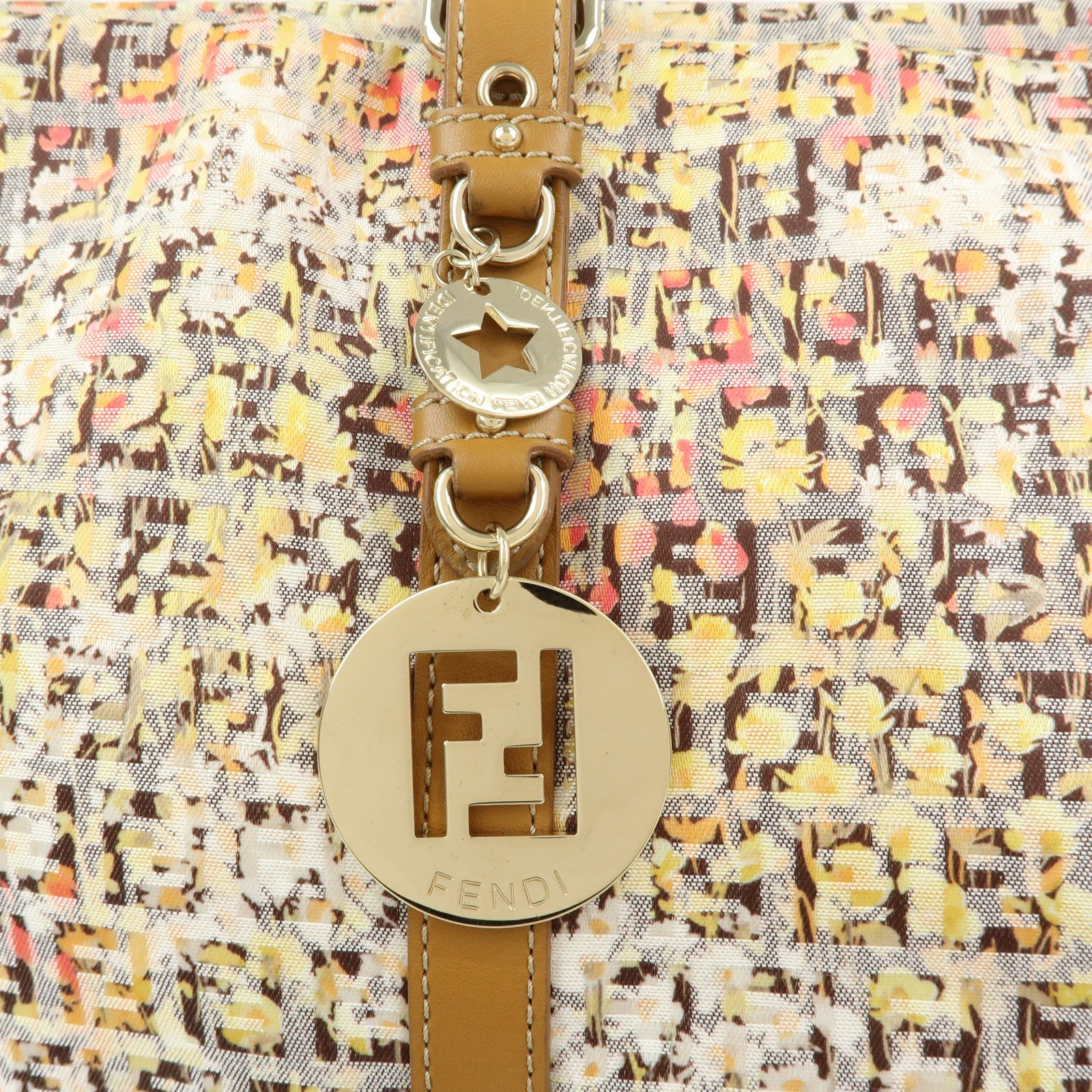 FENDI Zucchino Canvas Leather Flower Print Tote Bag Hand Bag 8BH215