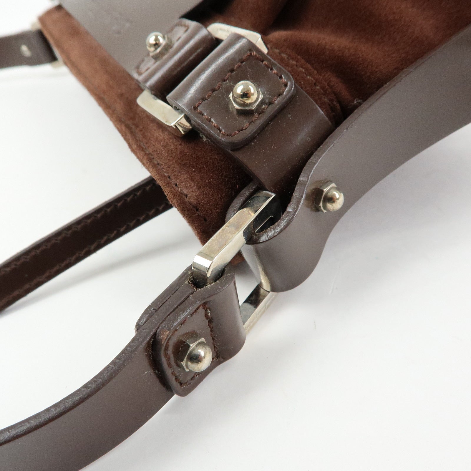Ferragamo Gancini Suede Leather Hand Bag Shoulder Bag Dark Brown