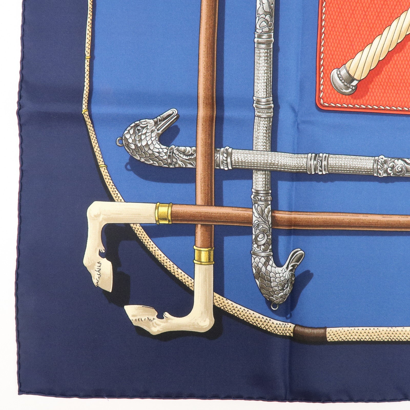 HERMES Carre 90 Silk 100% Scarf CANNES ET POMMEAUX Navy Brown