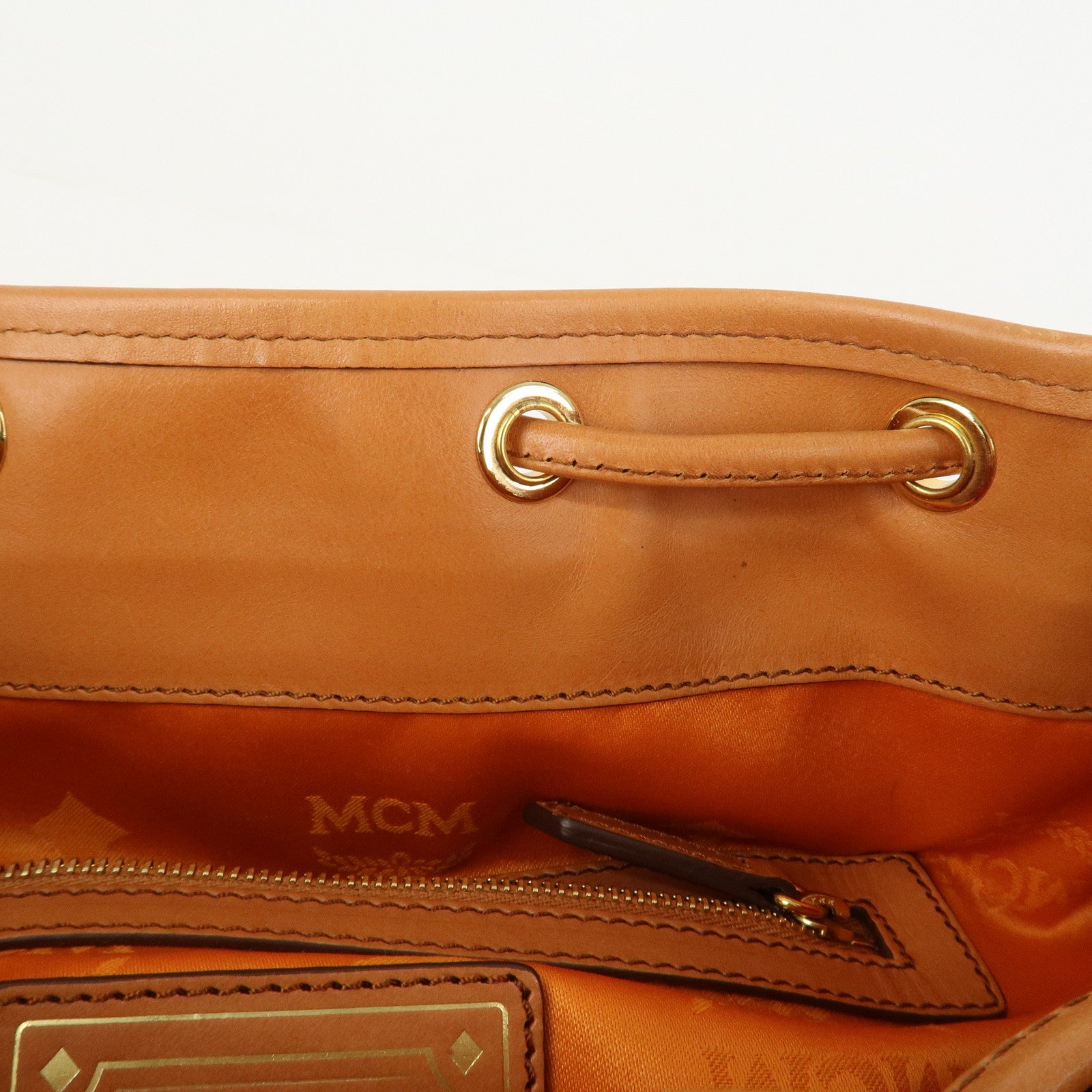 MCM Visetos Leather Bucket Bag Shoulder Bag Drawstring Brown