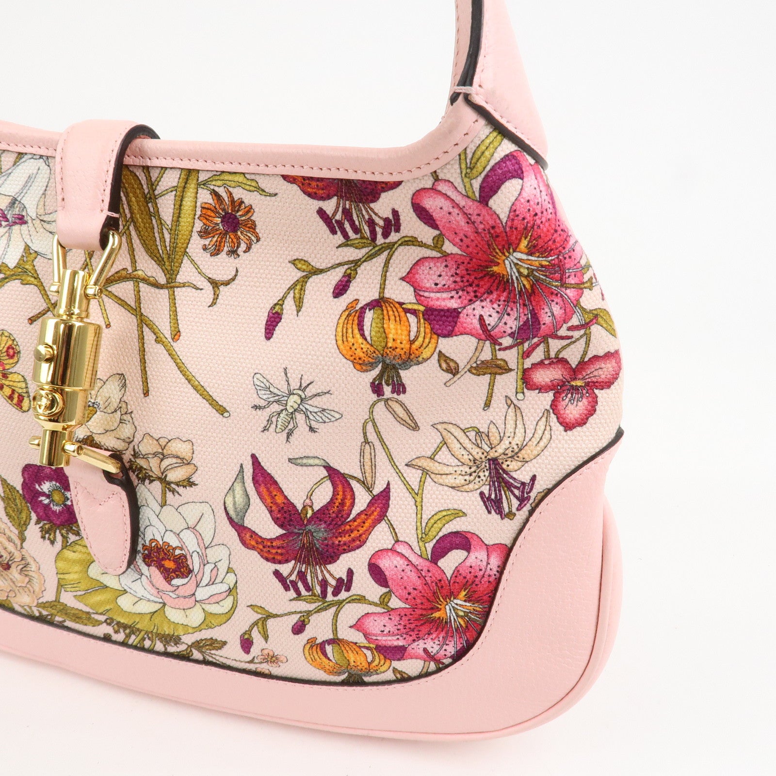 GUCCI New Jackie Flora Canvas Leather Shoulder Bag Hand Bag Pink 550152