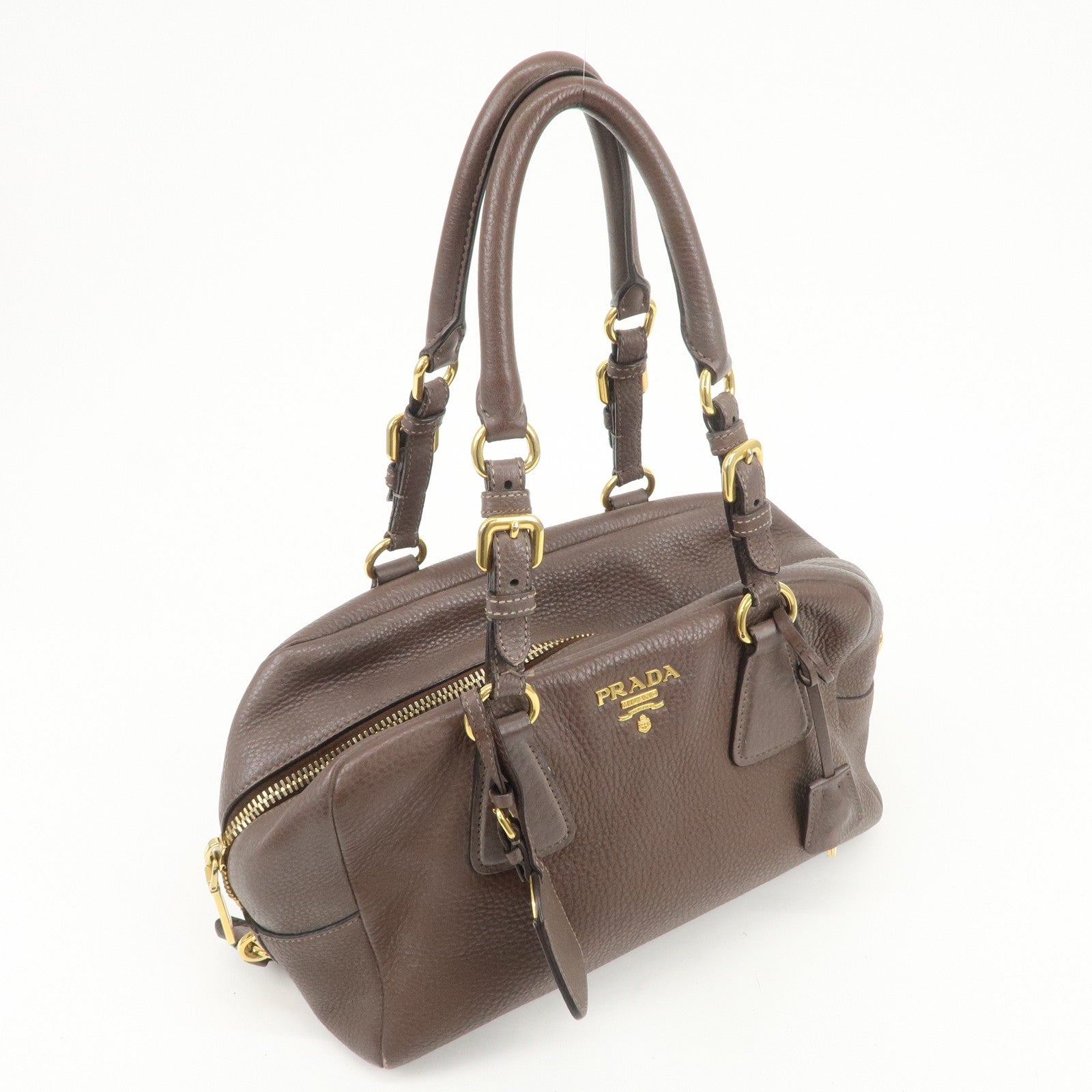 PRADA Logo Leather Shoulder Bag Boston Bag Hand Bag Brown B3091M