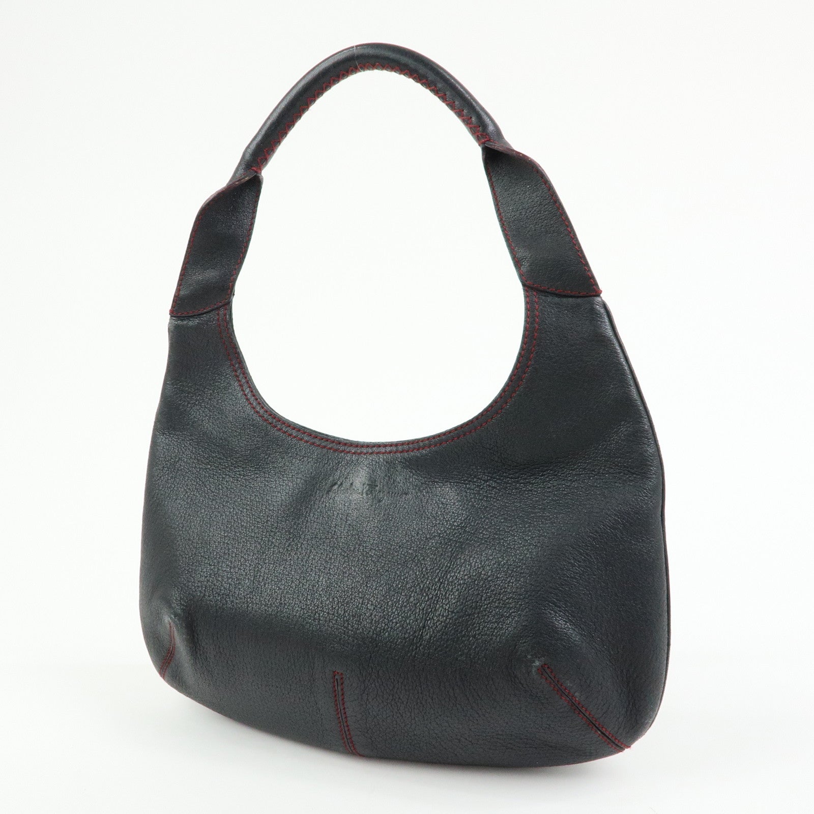 Ferragamo Leather Red Stich Shoulder Bag Hand Bag Black