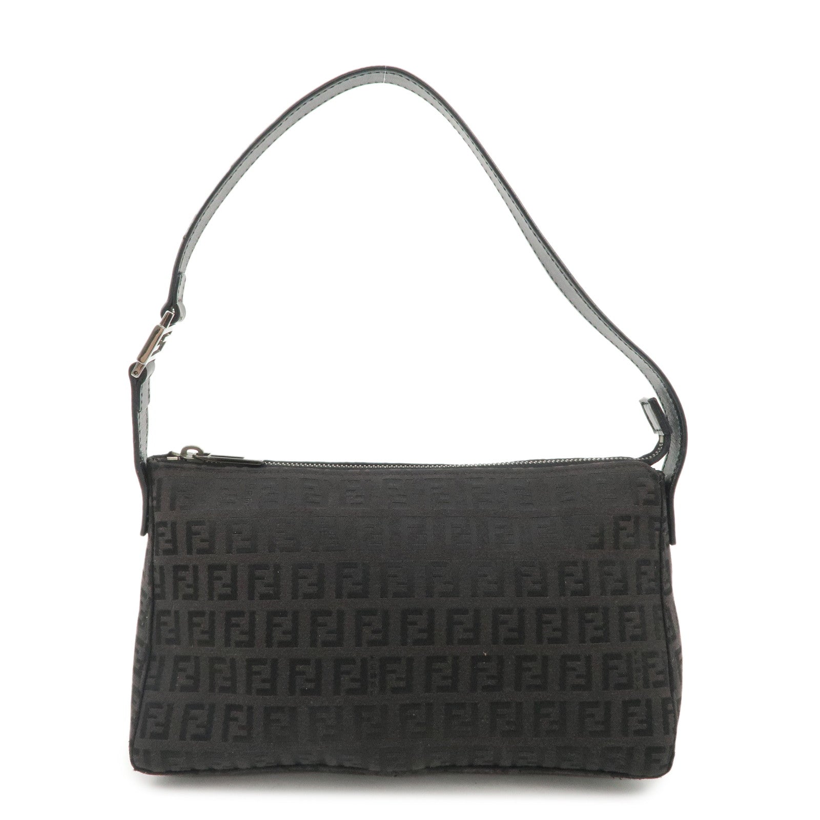 FENDI Zucchino Canvas Leather Shoulder Bag Black Brown 8BR444 Used