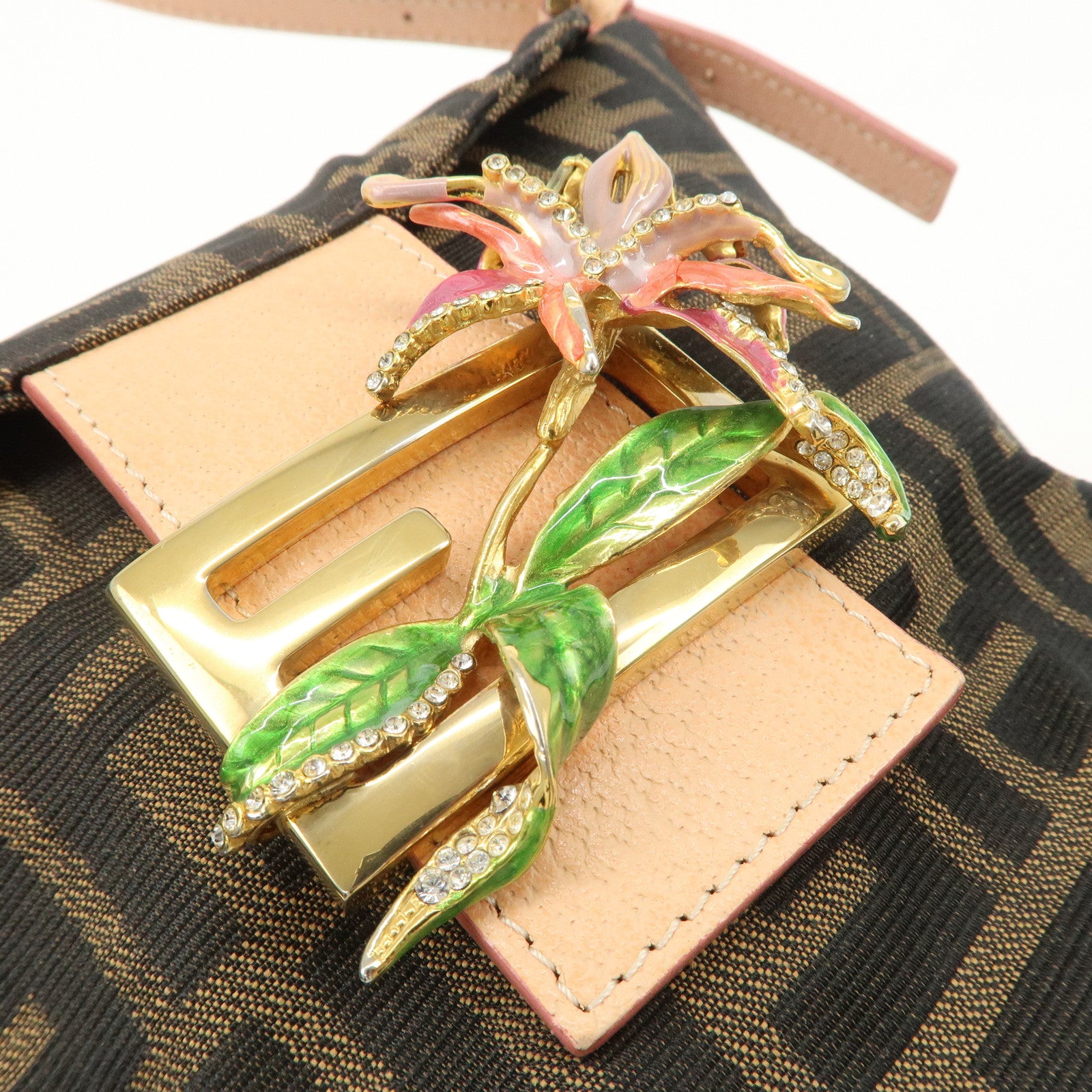 FENDI Zucca Canvas Leather Shoulder Bag Black Pink Flower Motif