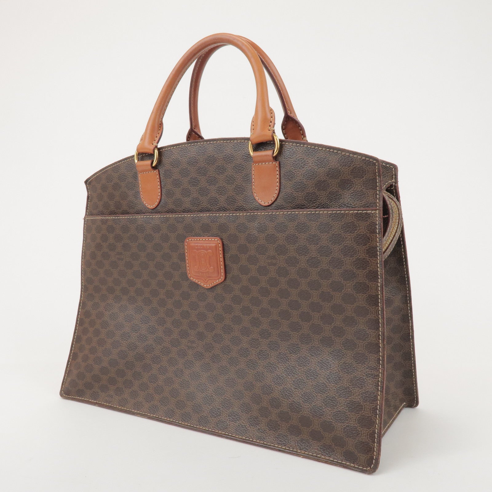 CELINE Macadam PVC Coated Canvas Leather Hand Bag Tote Bag Brown