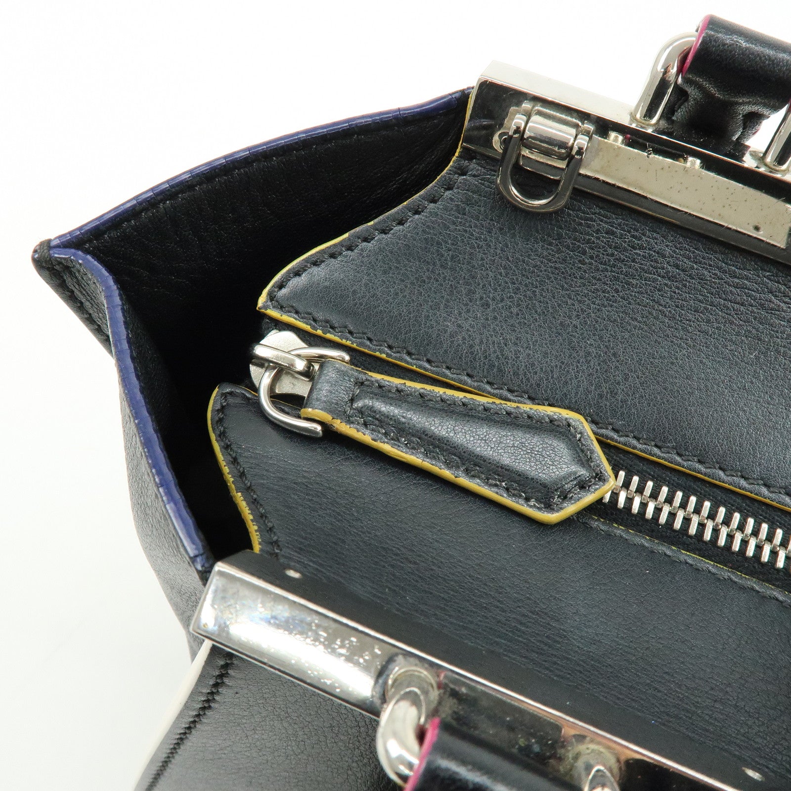 FENDI Trois Jours Leather 2Way Bag Hand Bag Shoulder Bag Black