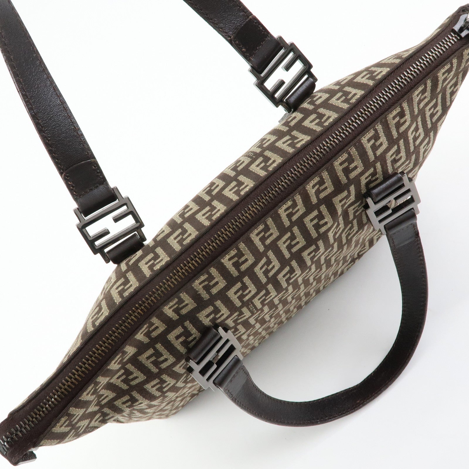 FENDI Zucchino Canvas Leather Tote Bag Hand Bag Brown 8BH138