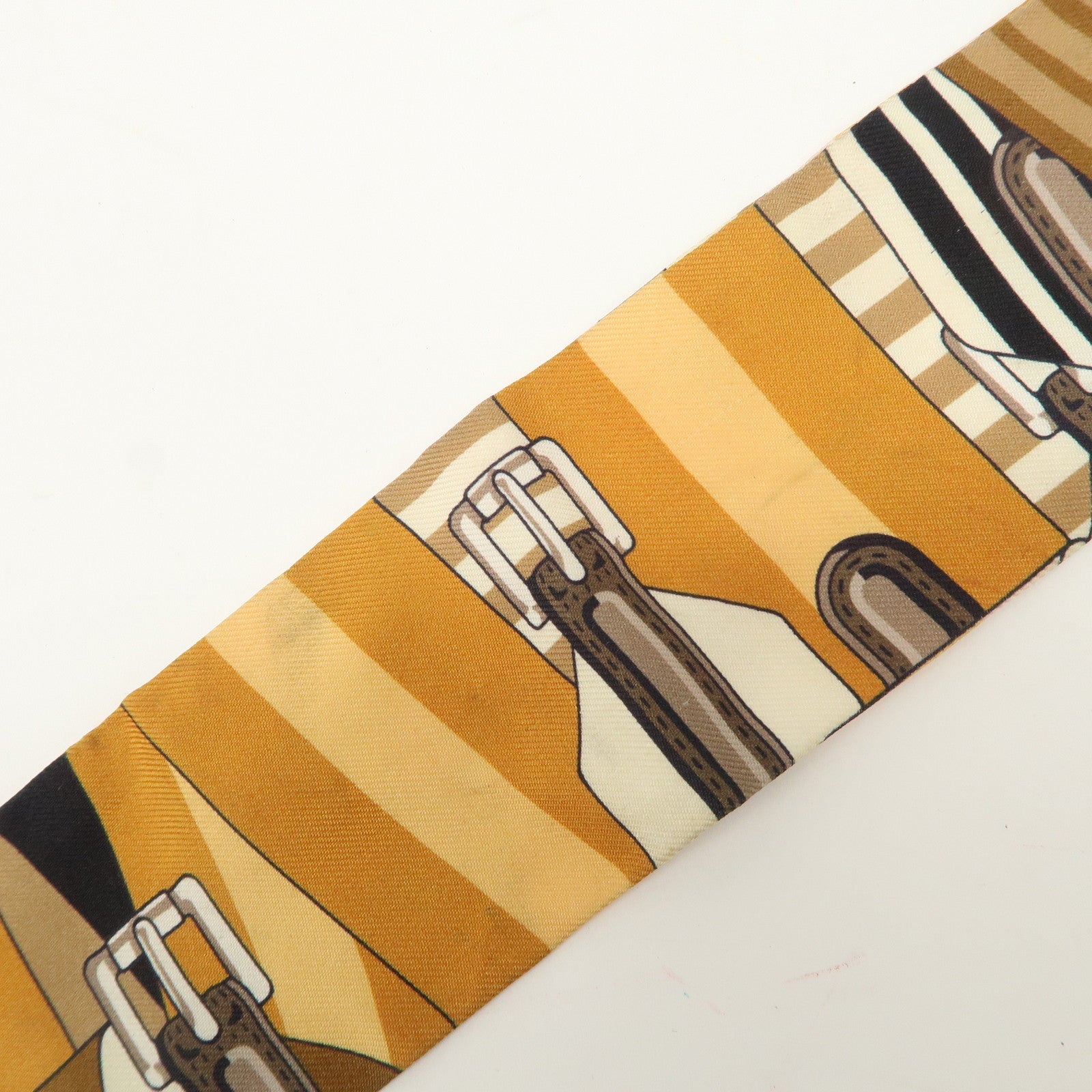 HERMES Twilly Silk 100% Scarf LES SANGLES Brown Black Peach